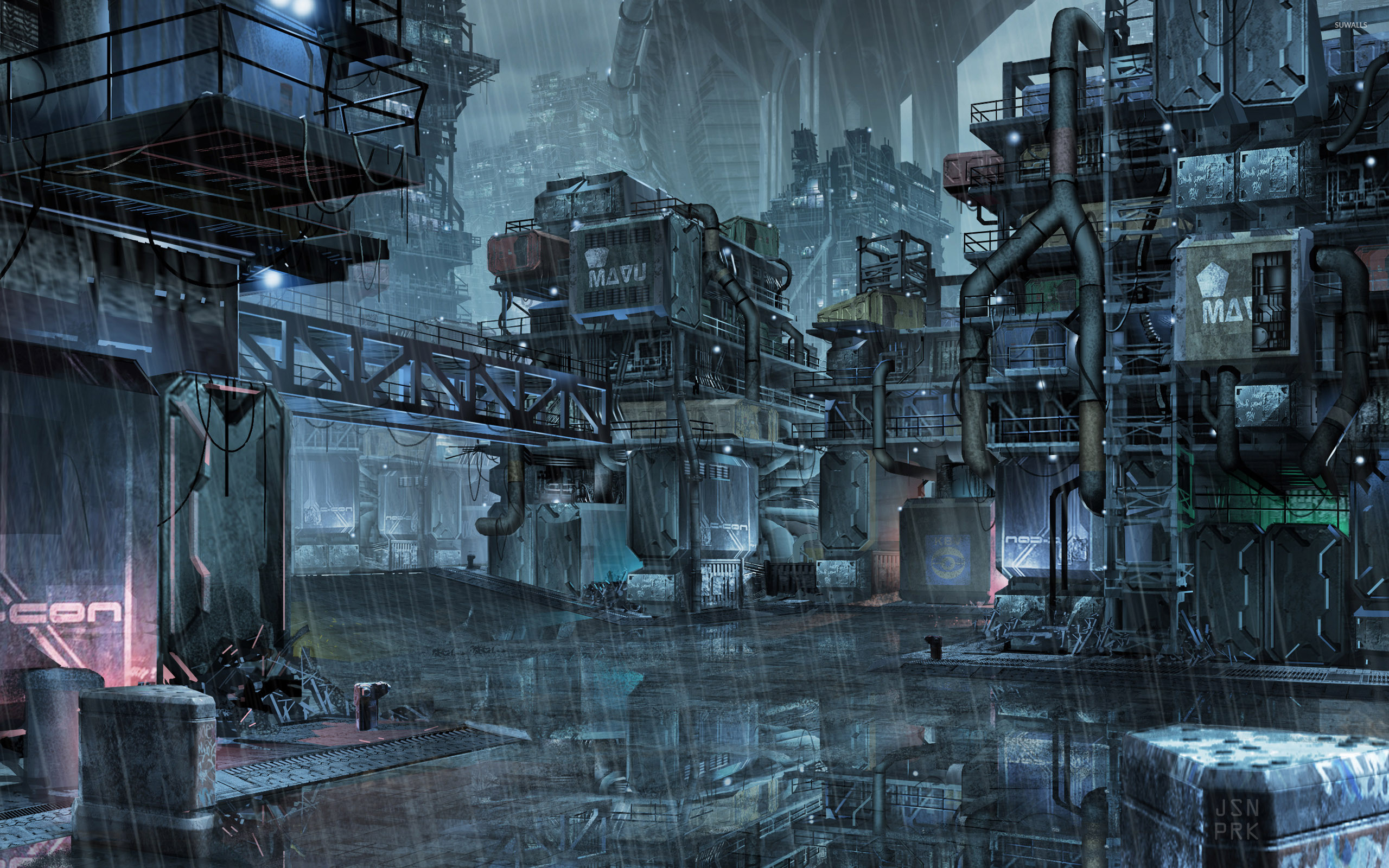 Città industriale, Fantascienza, Pioggia, Strutture metalliche, Cyberpunk, sfondo 2560x1600 per PC