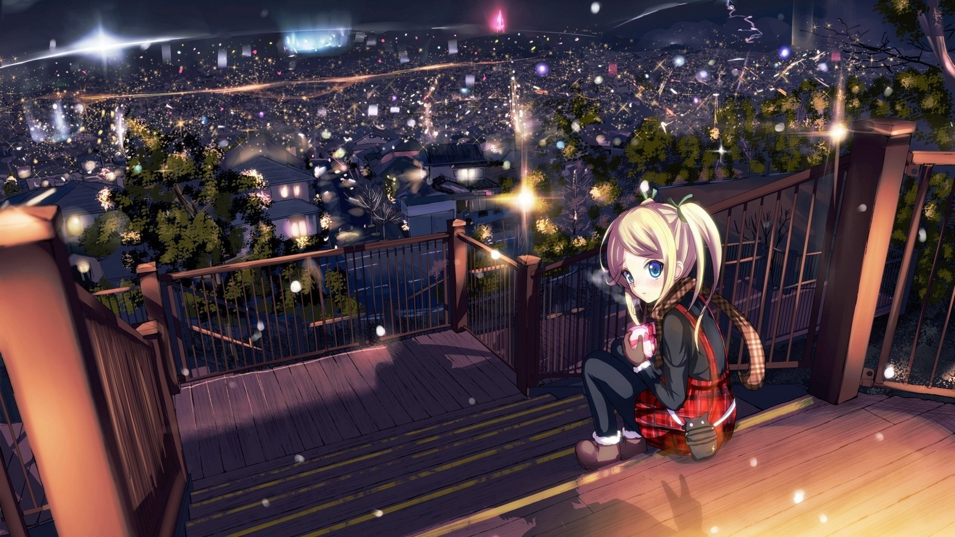Ragazza anime, Città notturna, Scalinata, Luci, Full HD, sfondo per portatile