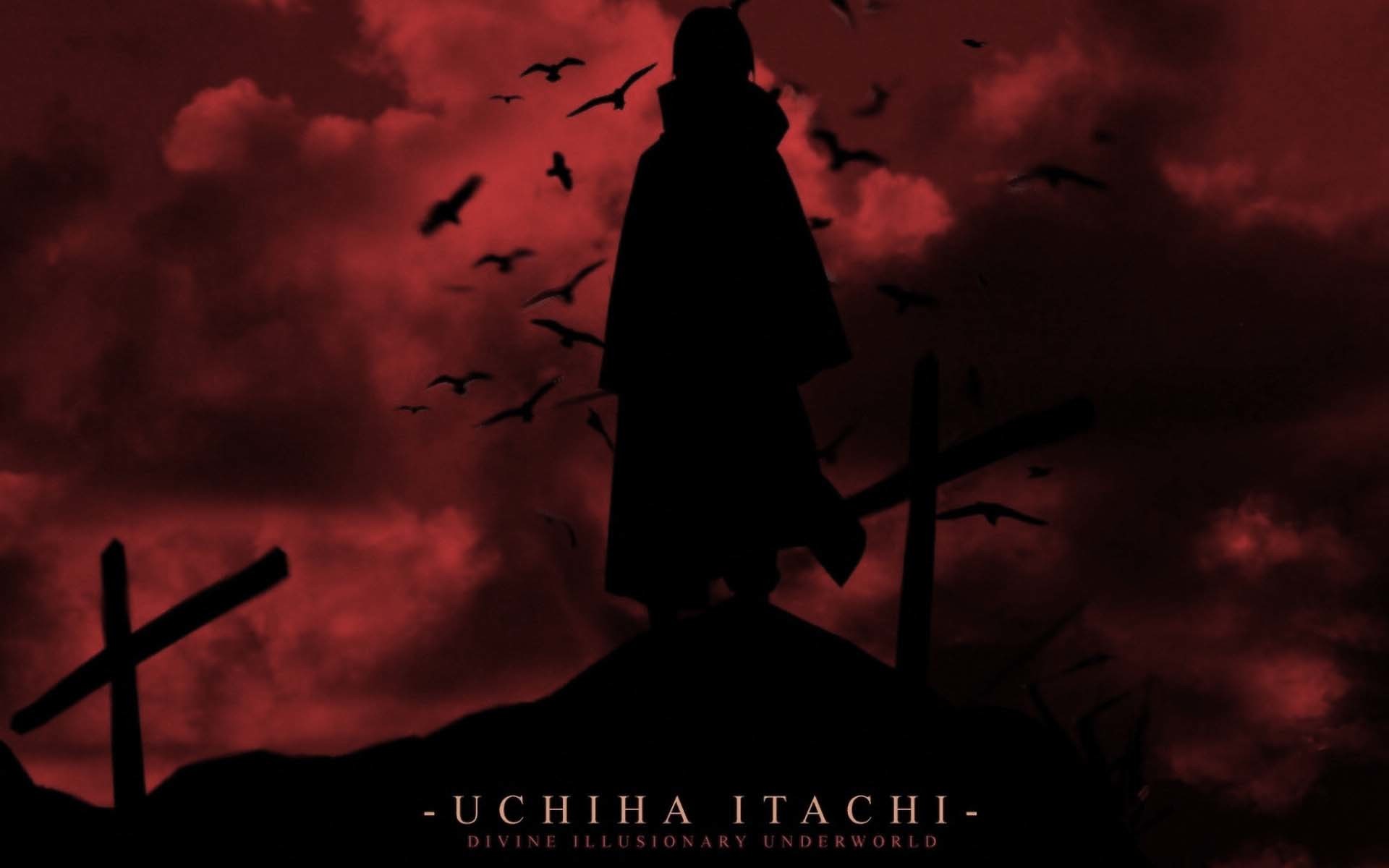 Itachi Uchiha, Silhouette, Corvi, Cielo rosso, 16:10 Full HD, sfondo widescreen