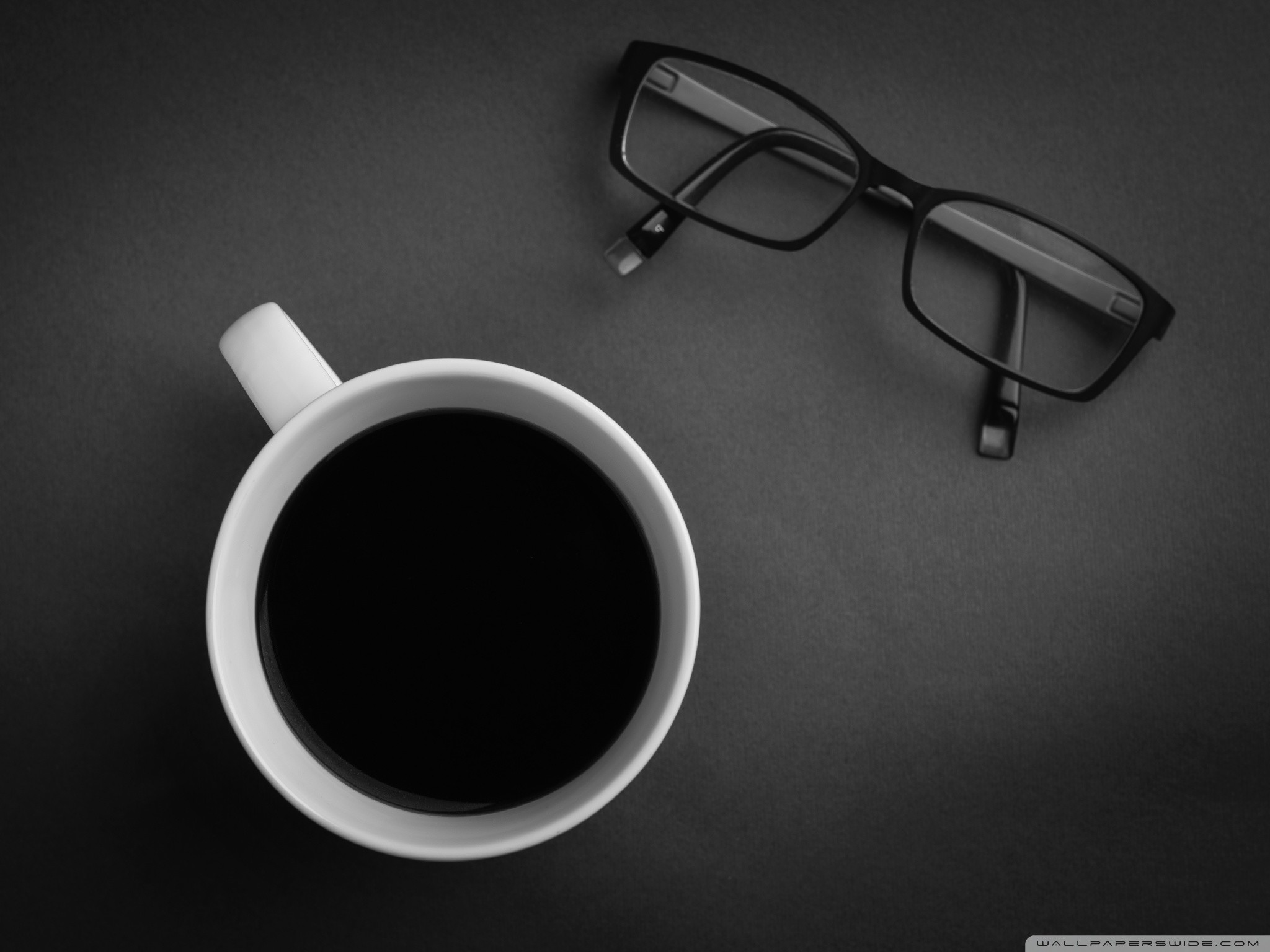 Caffè nero, Tazza, Occhiali, Vista dall'alto, Bianco e nero, sfondo per iPad e tablet