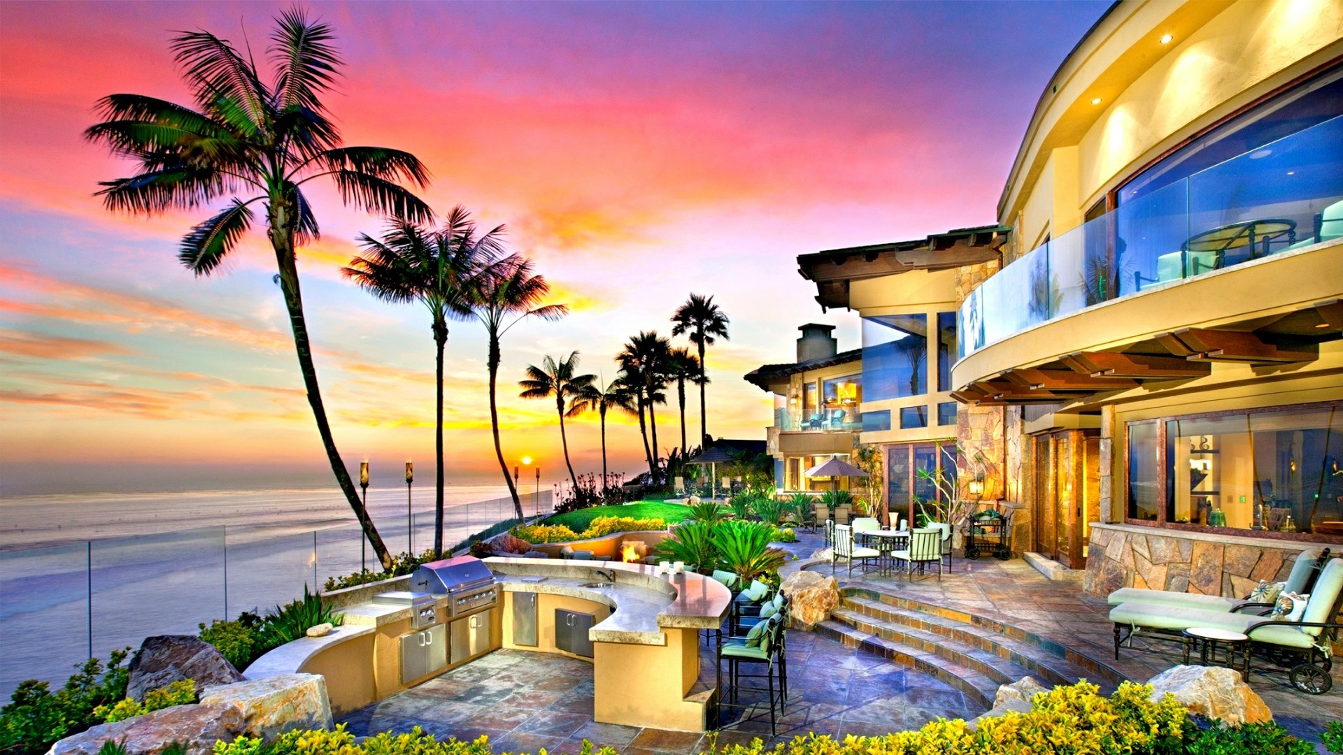 Villa di lusso, Palme, Tramonto, Oceano, Full HD 1080p, sfondo desktop