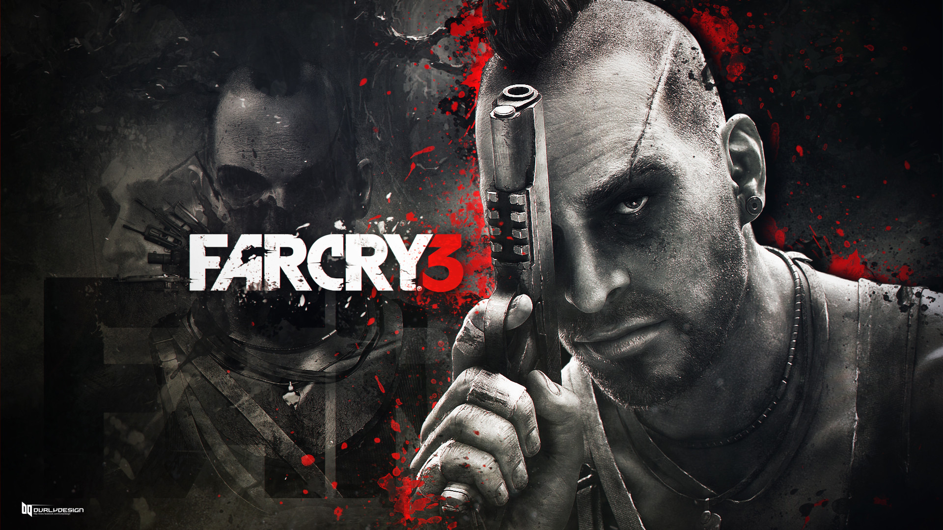 Vaas Montenegro, Far Cry 3, Pistola, Bianco e nero, Logo, 16:9 Full HD, sfondo widescreen