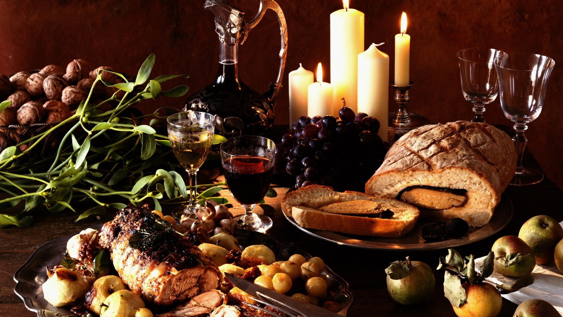 Banchetto, Candele, Pane, Vino, Natura morta, Full HD, sfondo per portatile