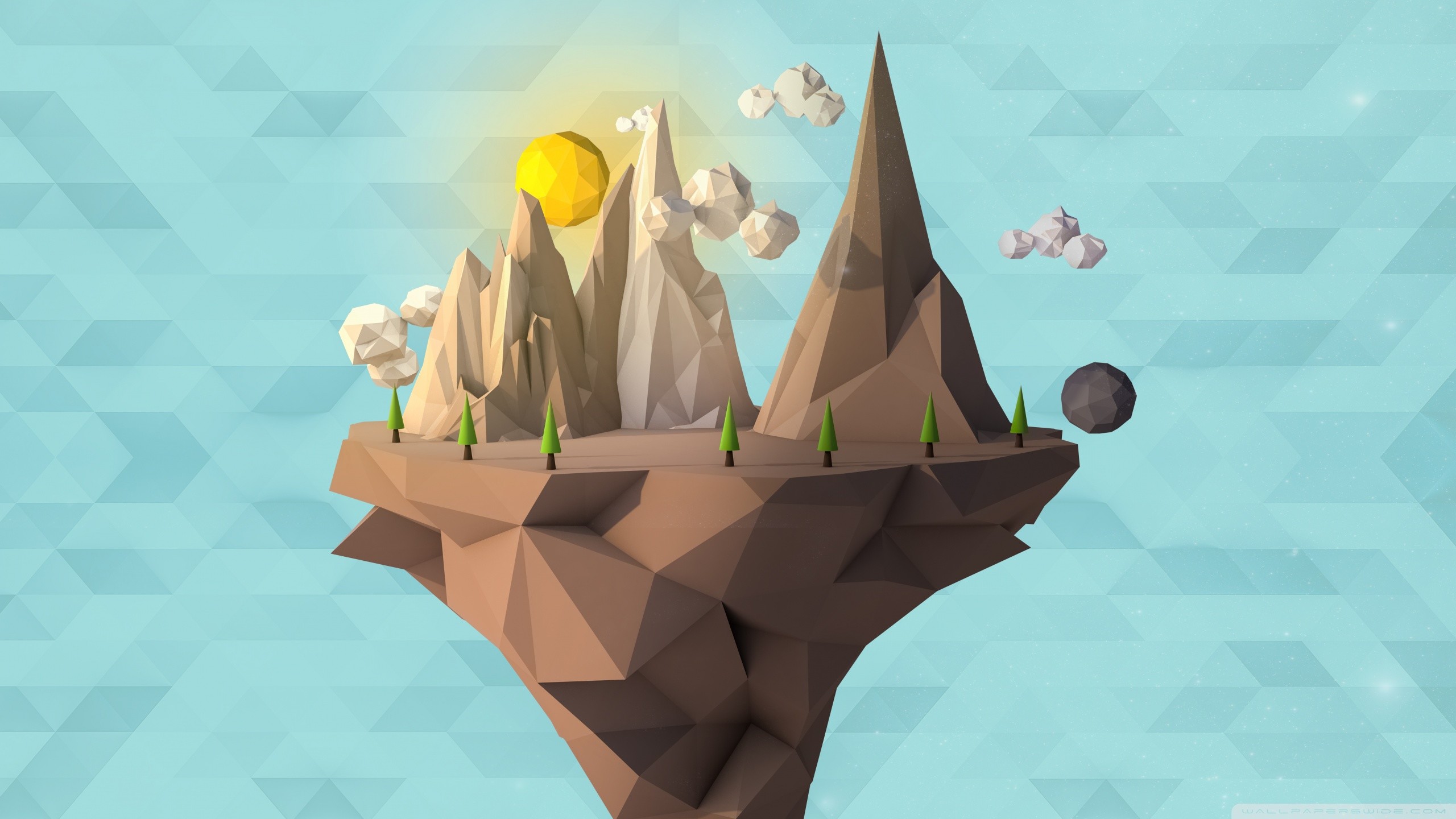 Low poly, Isola volante, Montagne, Sole, 2K, sfondo per portatile