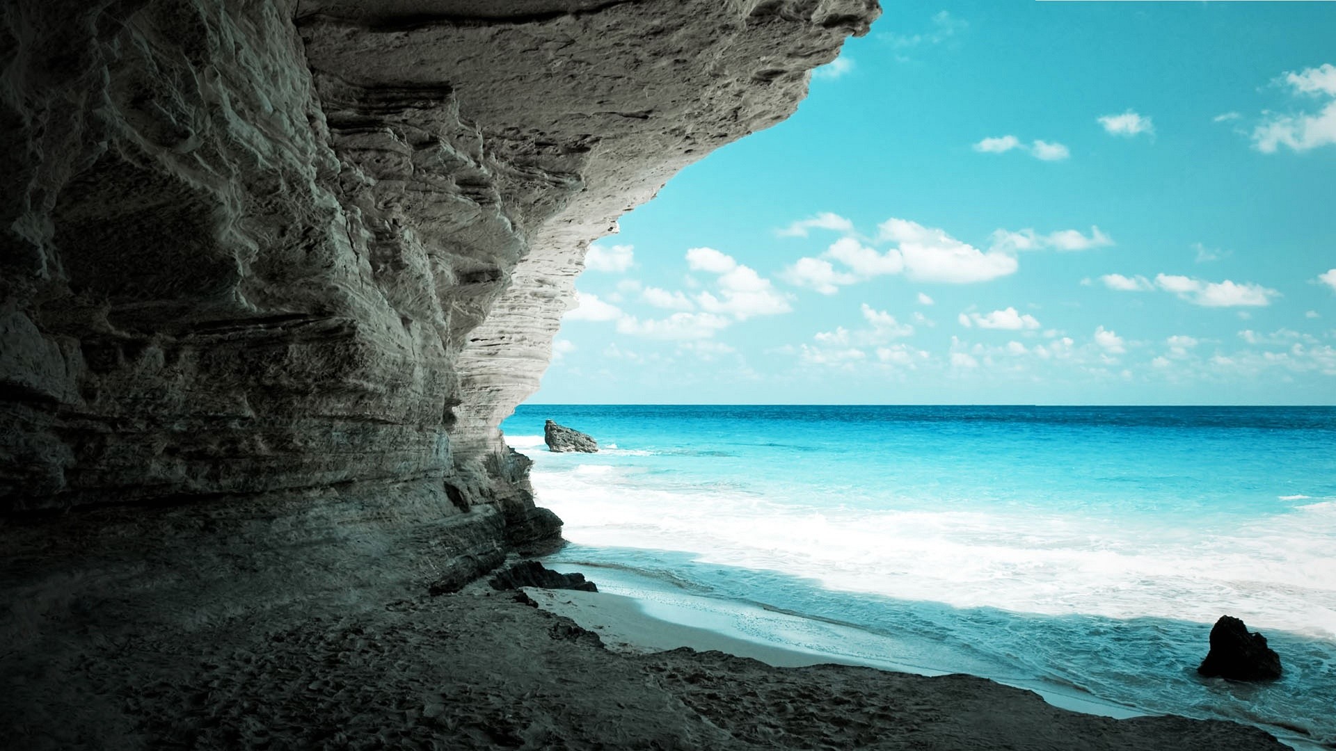 Grotta, Spiaggia, Mare turchese, Scogliera, Full HD, sfondo per PC e portatile