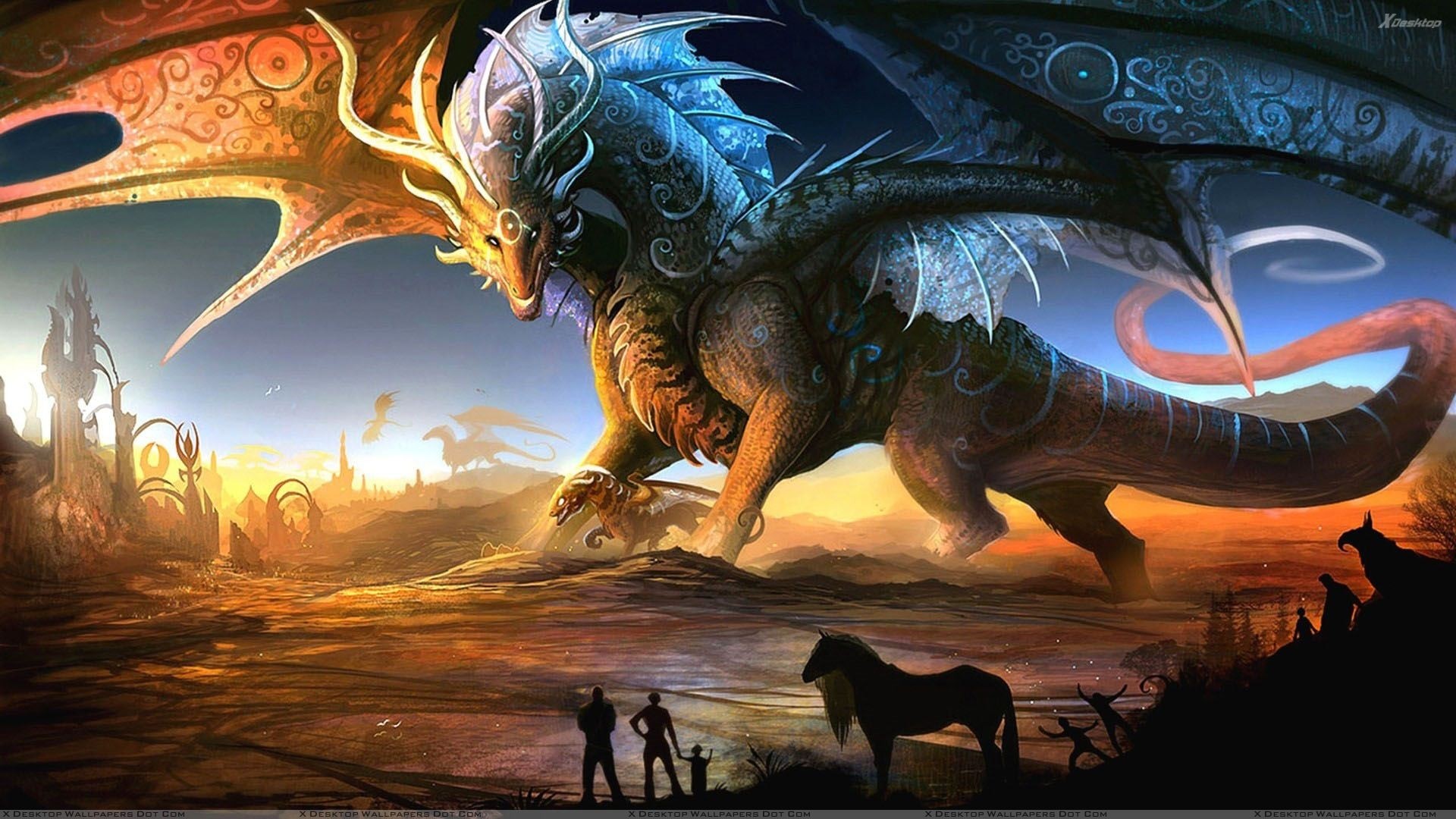 Drago, Deserto, Tramonto, Fantasy, 16:9 Full HD, sfondo widescreen