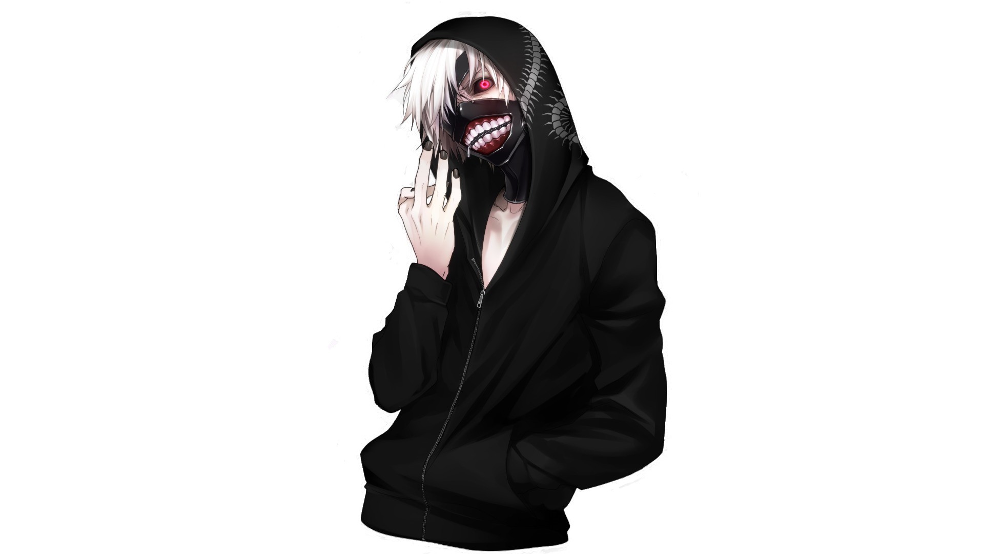 Ken Kaneki, Tokyo Ghoul, Cappuccio, Sfondo bianco, Full HD, wallpaper desktop