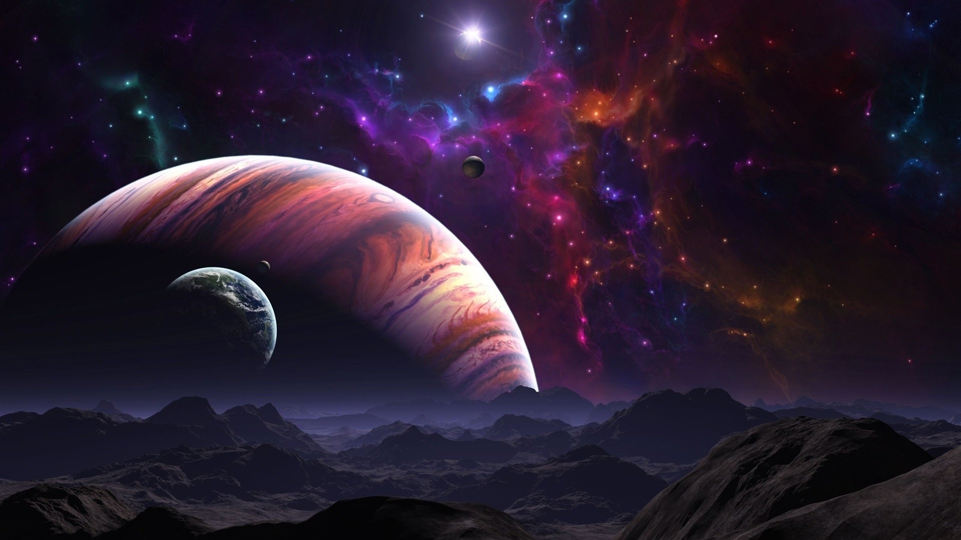 Pianeta gigante, Luna, Nebulosa, Paesaggio alieno, Full HD, wallpaper per portatile