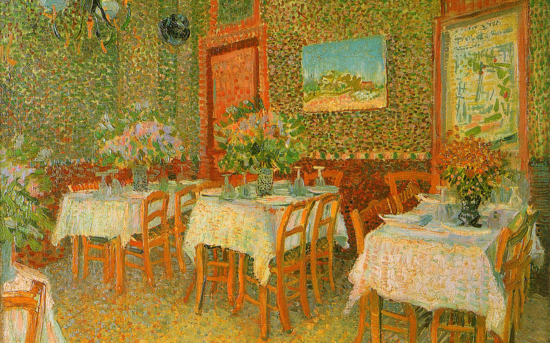 Interno di un ristorante, Vincent van Gogh, Tavoli, Puntinismo, Interno, wallpaper desktop Full HD
