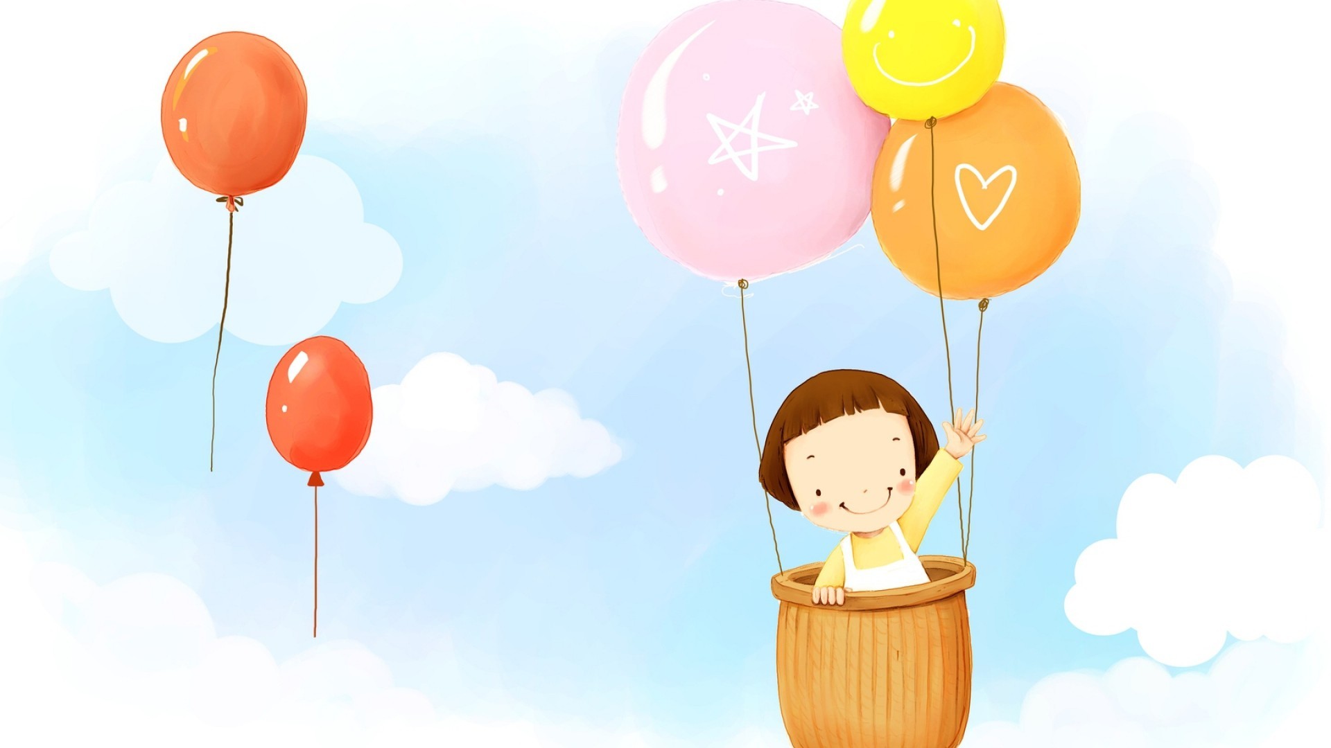 Bambina, Cesto, Palloncini, Illustrazione, Nuvole, Full HD 1080p, sfondo desktop
