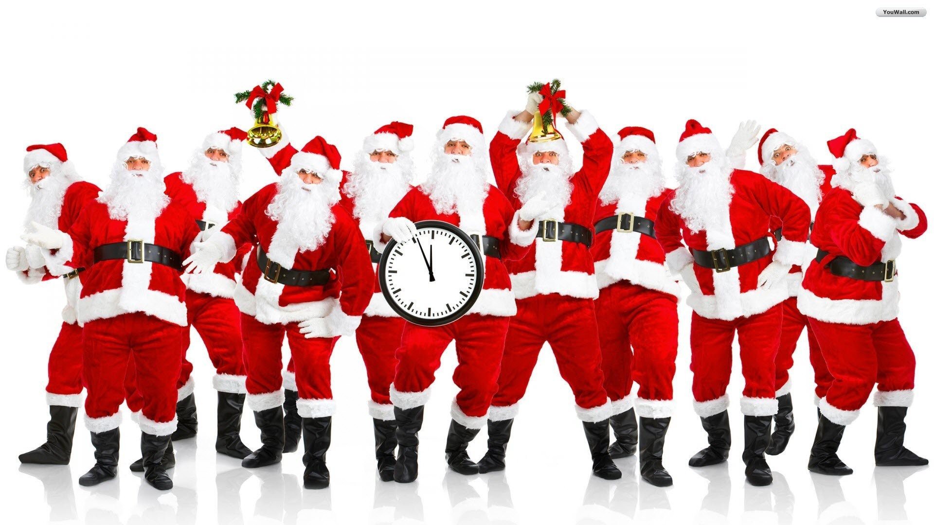 Babbo Natale, Gruppo di Babbi Natale, Orologio, Capodanno, Sfondo bianco, wallpaper per portatile