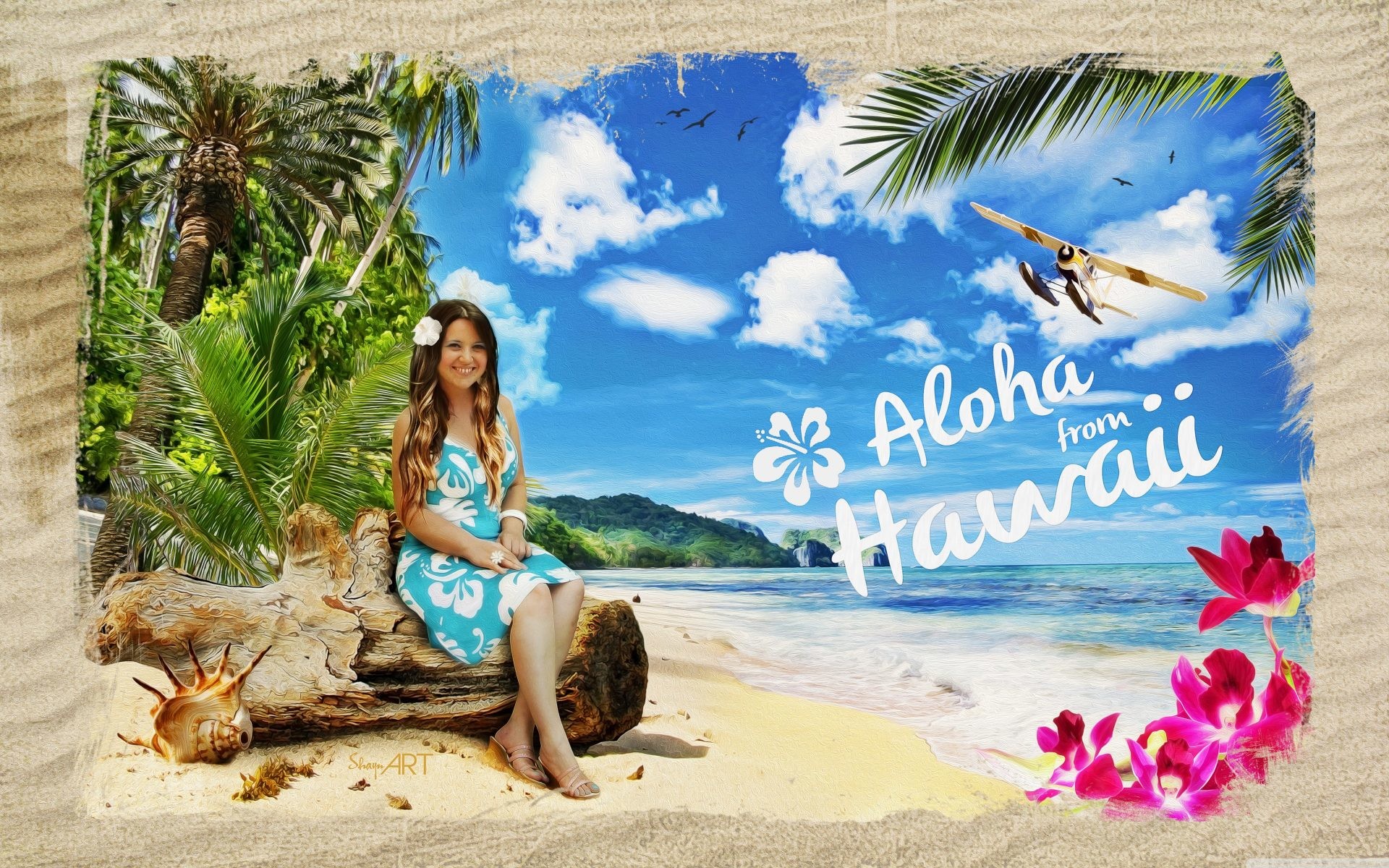 Aloha from Hawaii, Hawaii, Ragazza, Cartolina, Spiaggia, Full HD, sfondo Windows 11