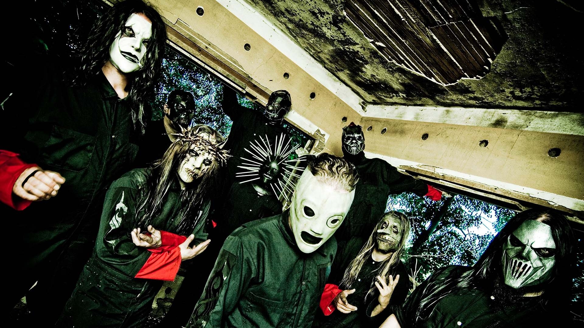 Slipknot, Foto di gruppo, Maschere, Fisheye, 1920x1080, sfondo per PC