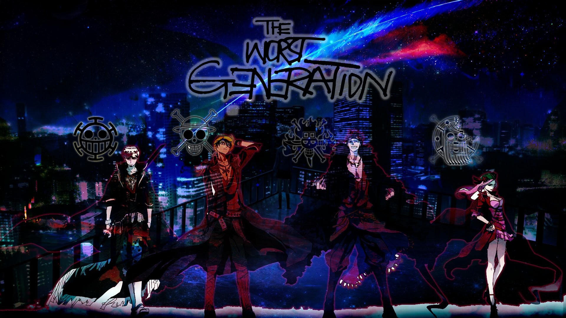 The Worst Generation, Trafalgar Law, Eustass Kid, Monkey D. Luffy, One Piece, Città notturna, sfondo per PC