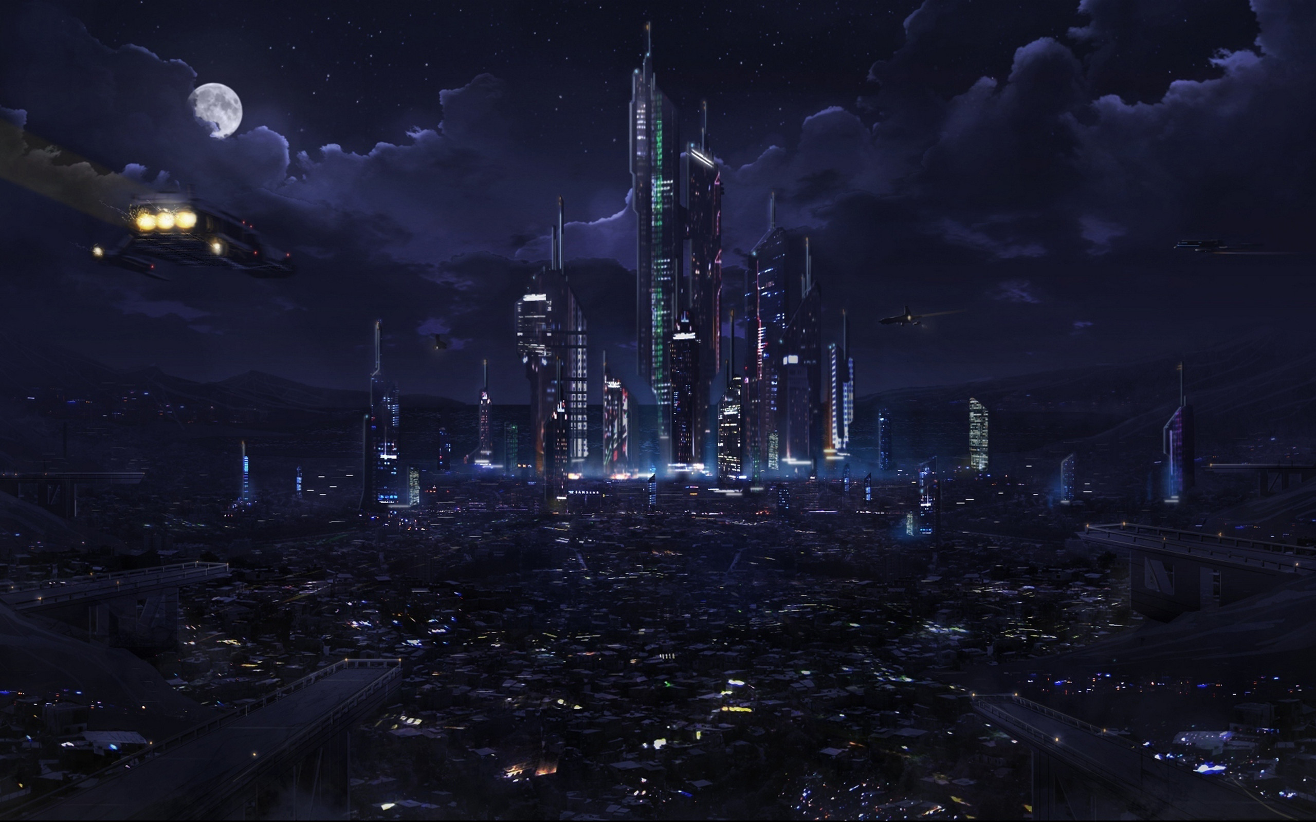 Città futuristica, Notte, Luna, Grattacieli, Viola, 2K, sfondo per PC