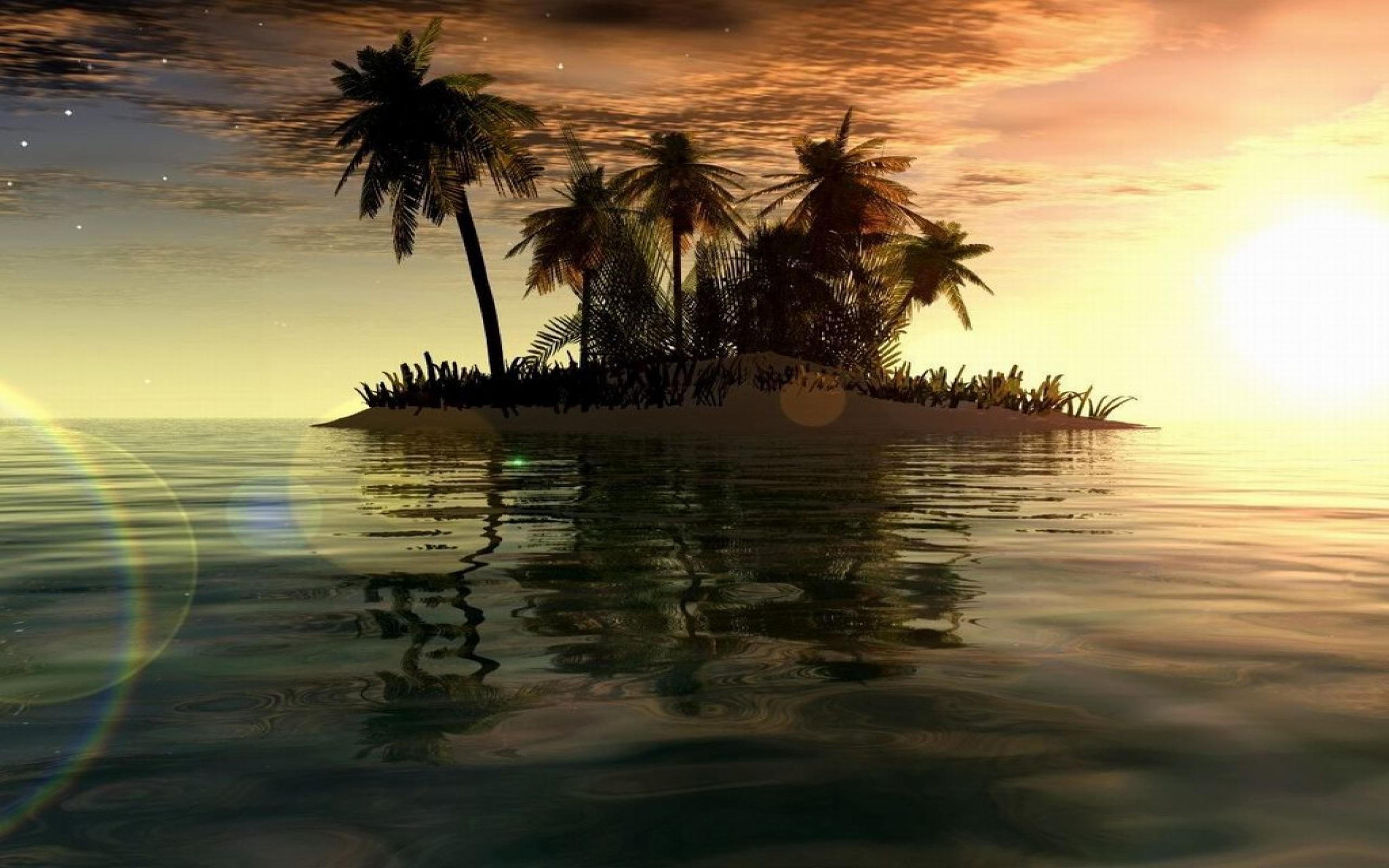 Isola tropicale, Palme, Tramonto, Mare, 2K, sfondo desktop