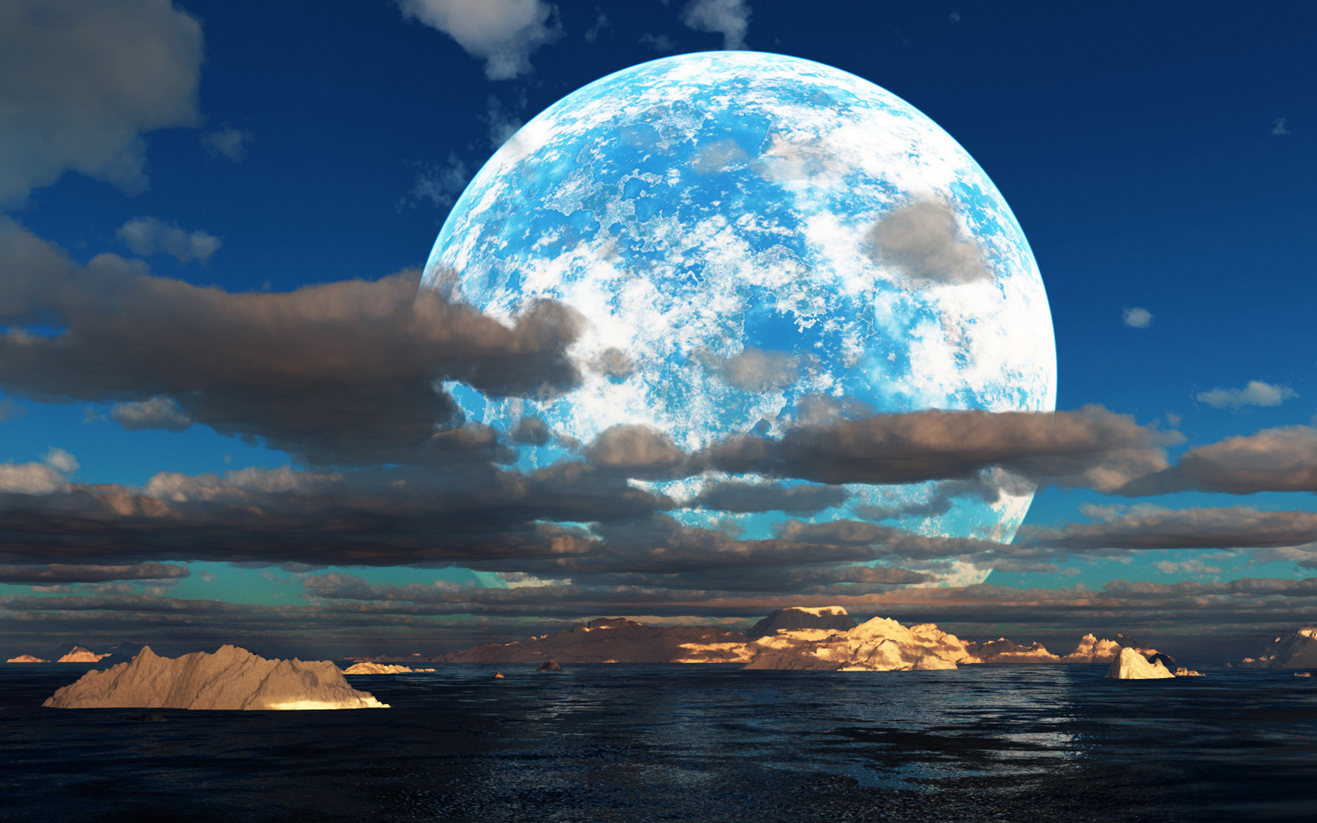 Luna gigante, Nuvole, Mare, Arte digitale, 16:10 Full HD, sfondo widescreen