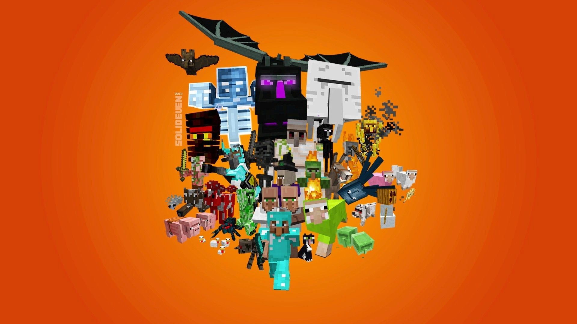 Minecraft, Mob, Enderman, Ghast, Sfondo arancione, Full HD, wallpaper per computer