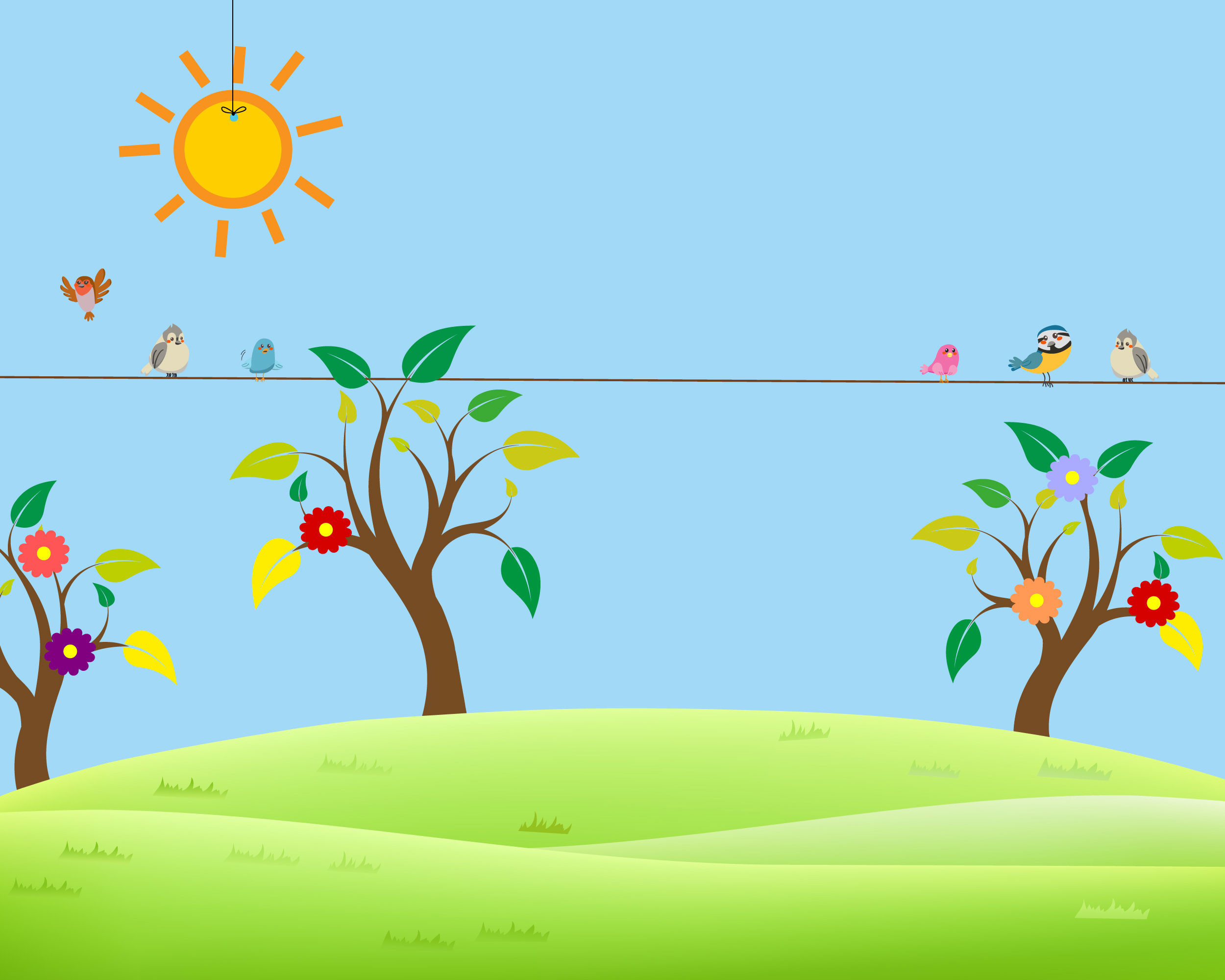 Alberi, Sole, Uccellini, Prato, Disegno infantile, Full HD, sfondo Windows 11