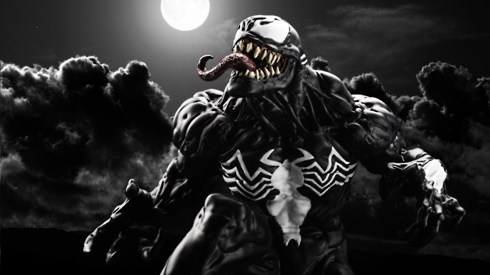Venom, Luna piena, Notte, Bianco e nero, 1920x1080, sfondo per PC