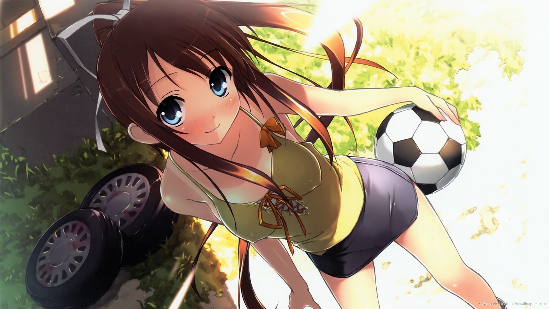 Ragazza anime, Pallone da calcio, Pneumatici, Estate, 1920x1080, sfondo per PC