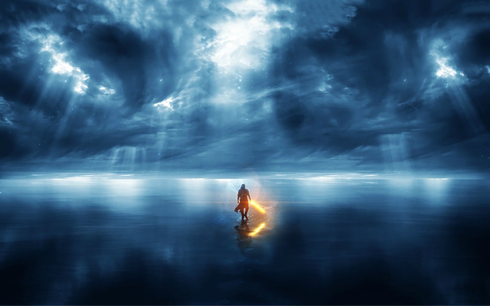 Figura solitaria, Tempesta, Oceano, Blu, 1920x1200, sfondo MacBook Pro
