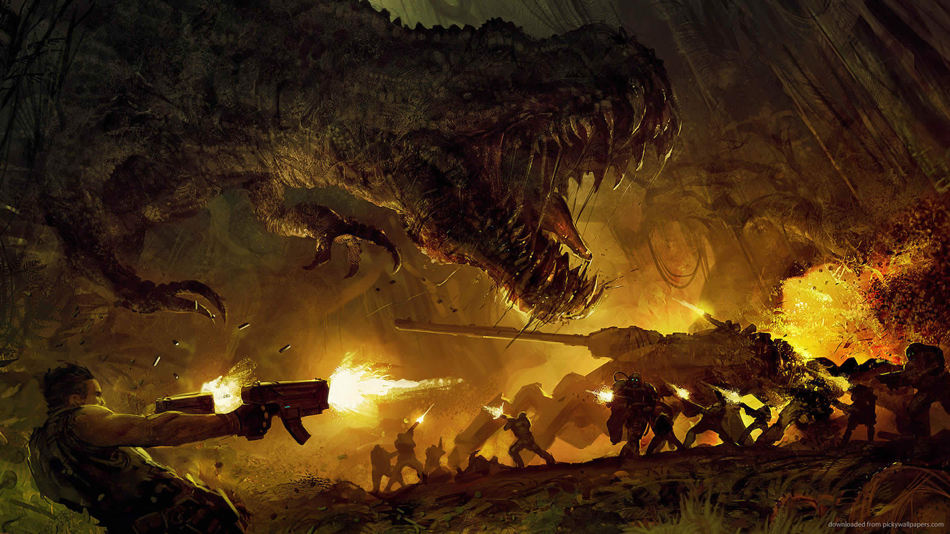 Dinosauro, Soldati, Battaglia, Fuoco, Full HD, sfondo per PC