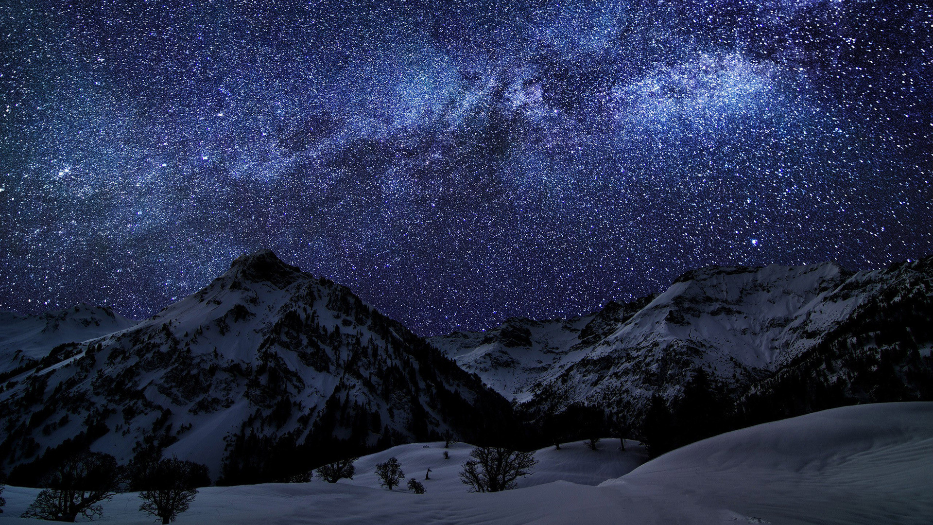 Via Lattea, Montagne innevate, Cielo stellato, Full HD 1080p, sfondo desktop