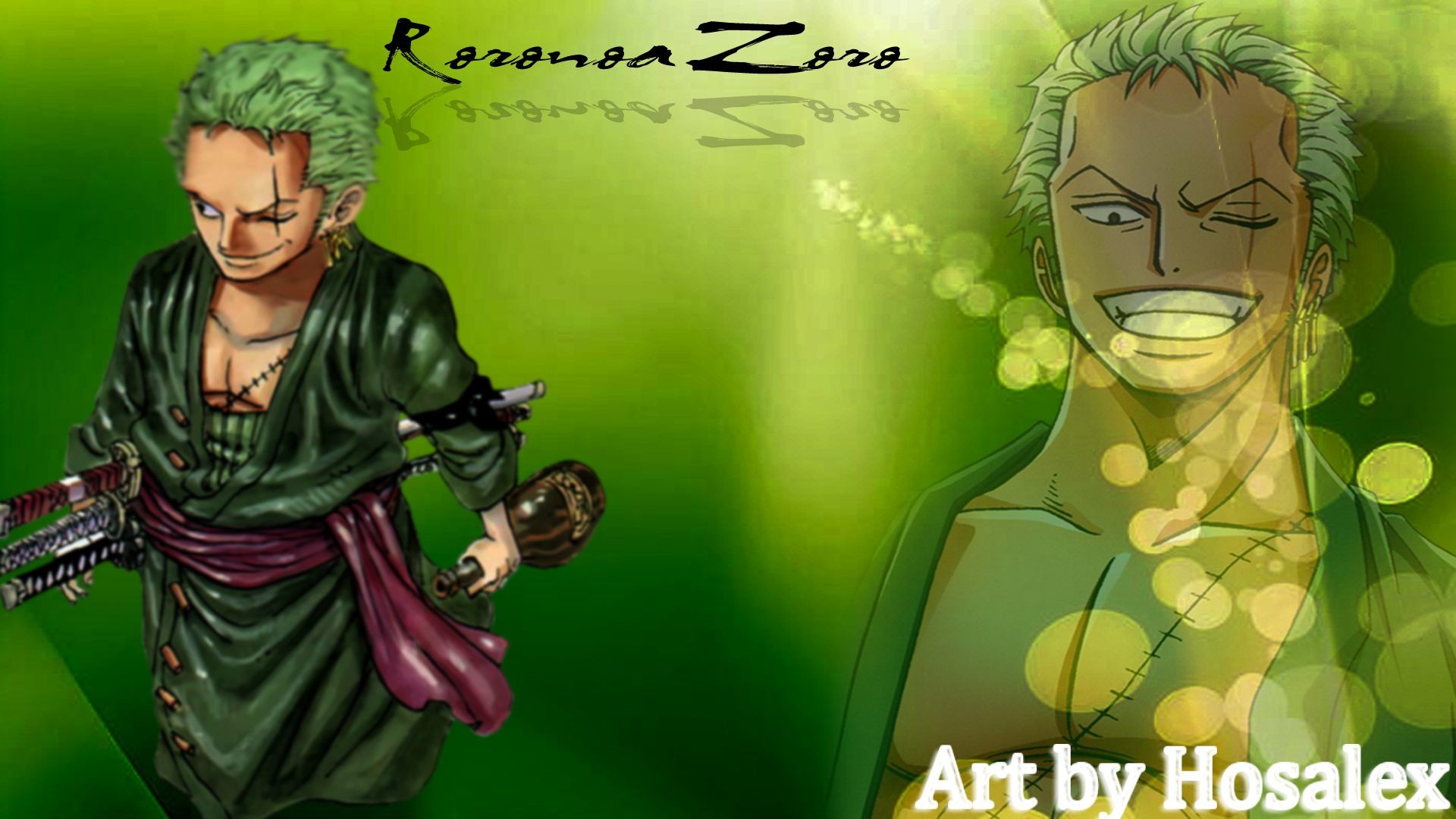 Roronoa Zoro, One Piece, Sorriso, Bokeh, Verde, Full HD, sfondo desktop