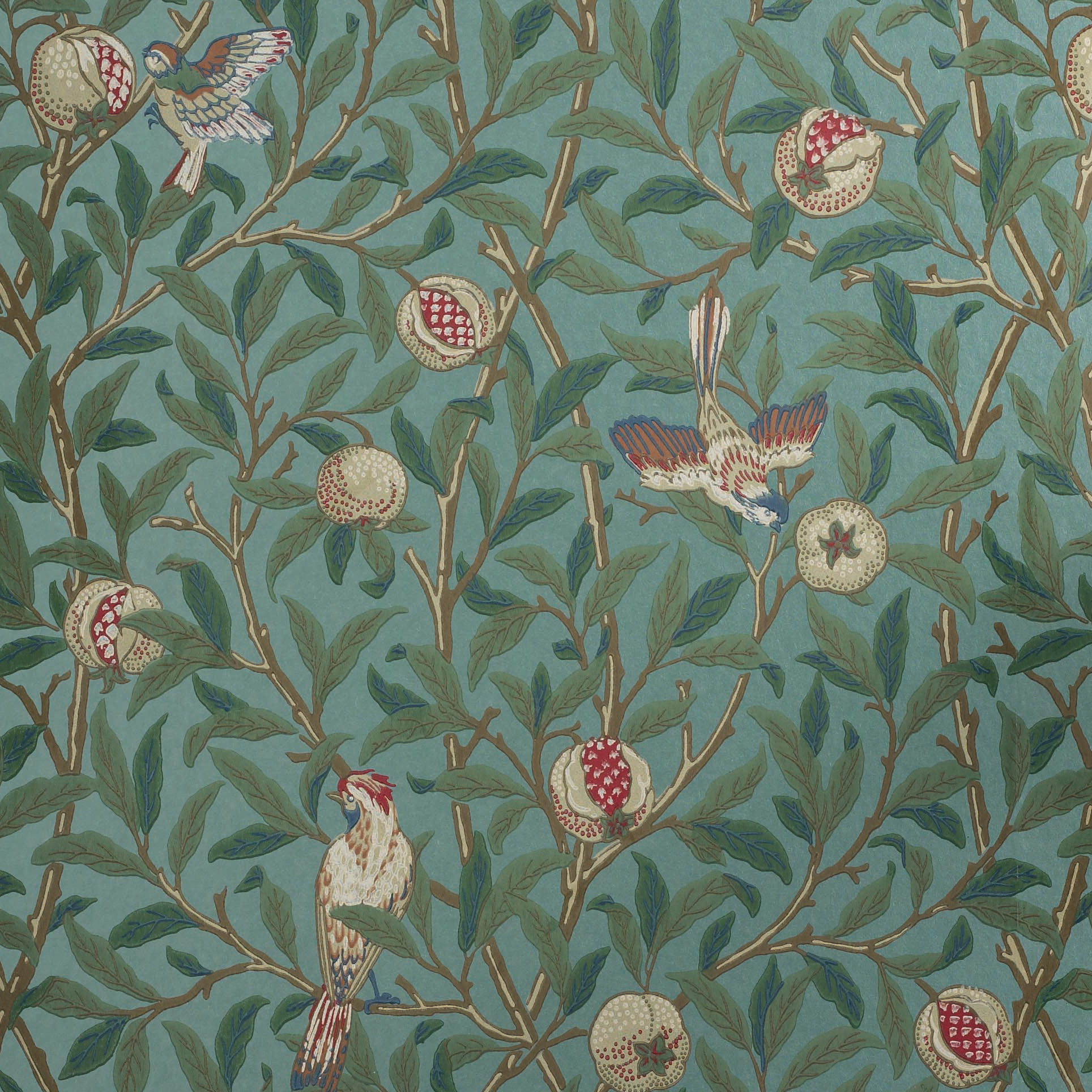 Bird and Pomegranate, William Morris, Uccelli, Melograni, Verde acqua, sfondo Full HD per tablet