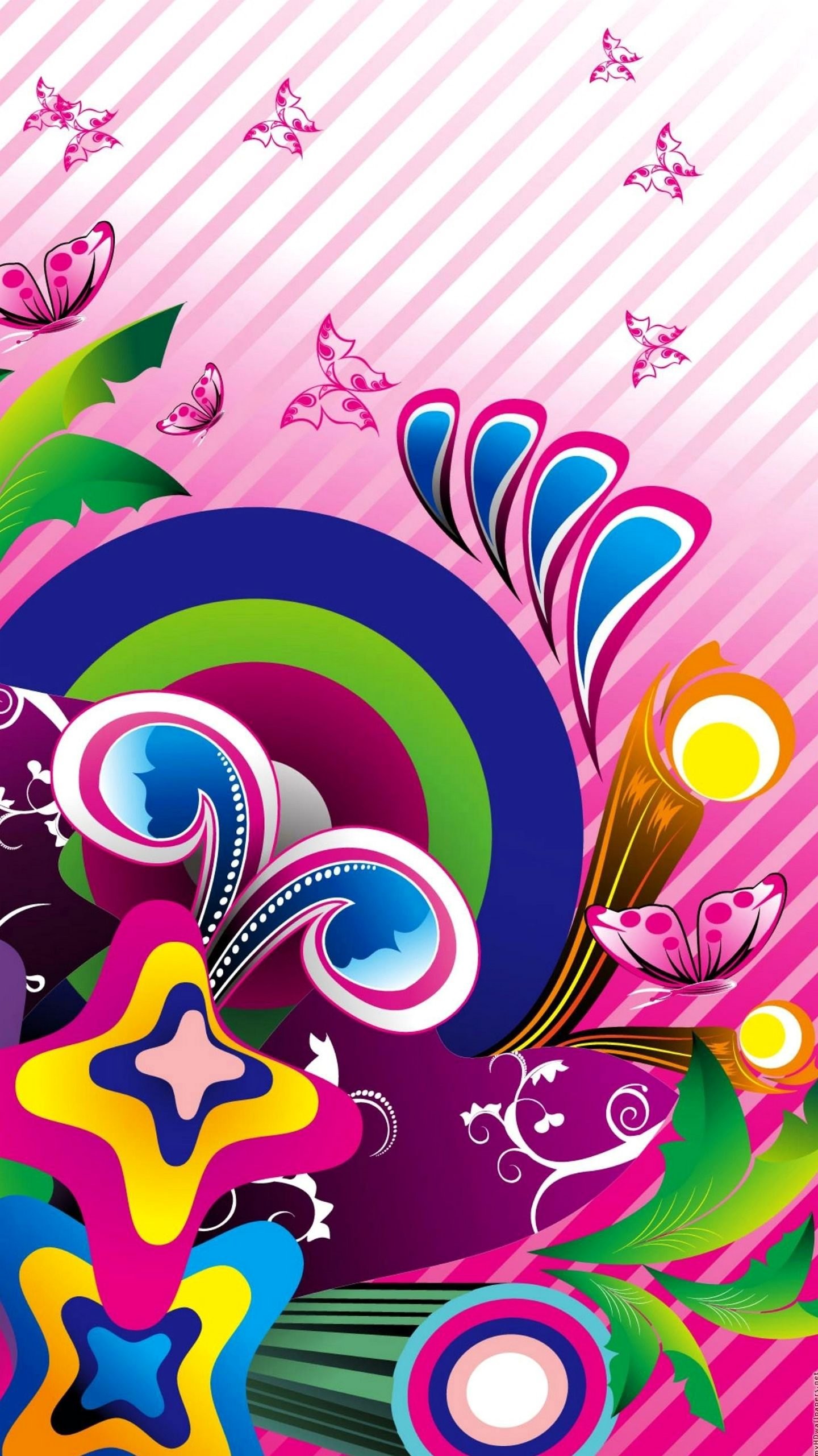 Ornamenti, Rosa, Farfalle, Illustrazione, sfondo schermata di blocco Samsung Galaxy S6