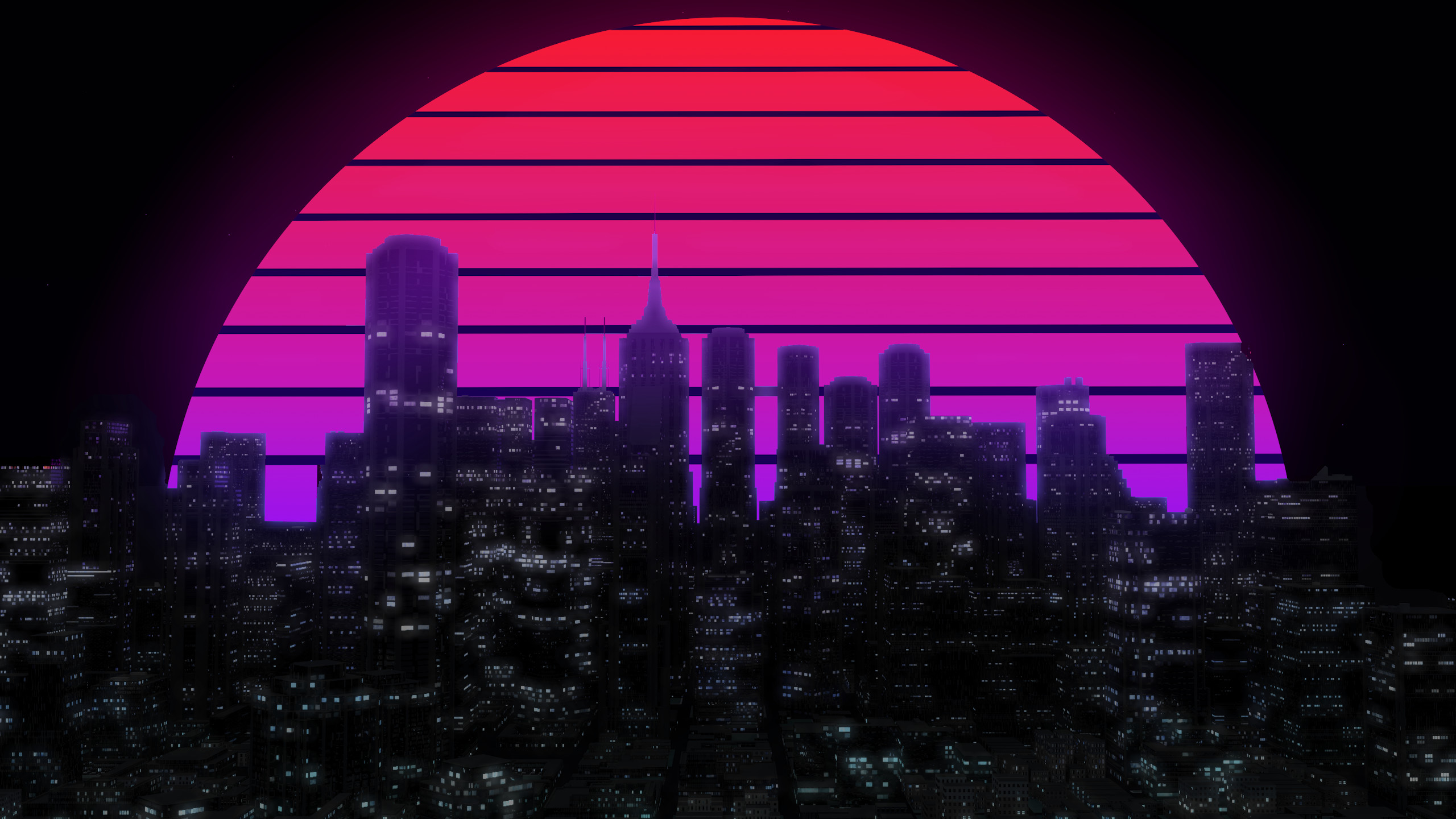 Synthwave, Sole al tramonto, Skyline, Città, Rosa, 2K, sfondo per portatile