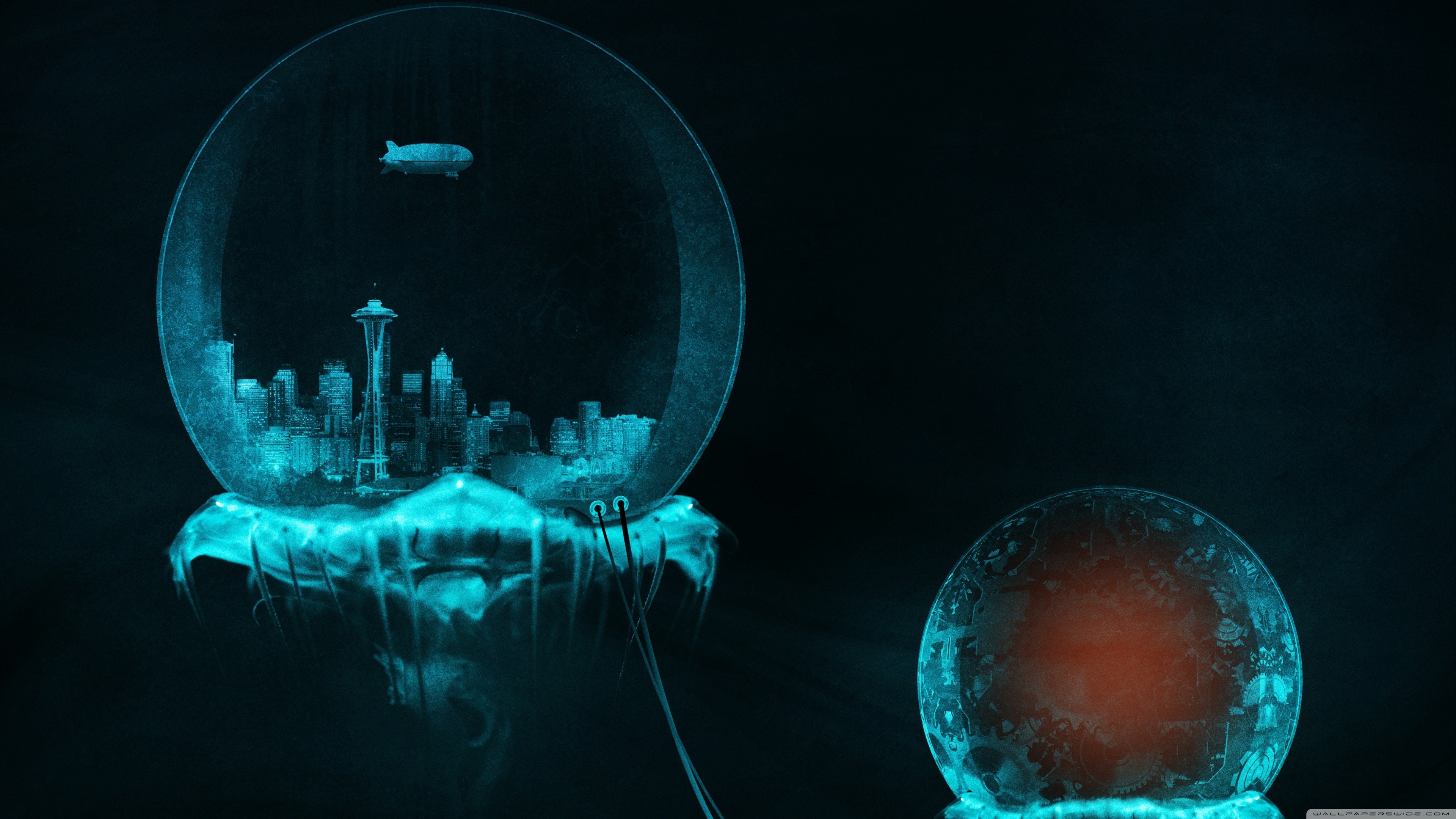 Sfera di vetro, Città, Space Needle, Ciano, 4K 2160p, sfondo desktop