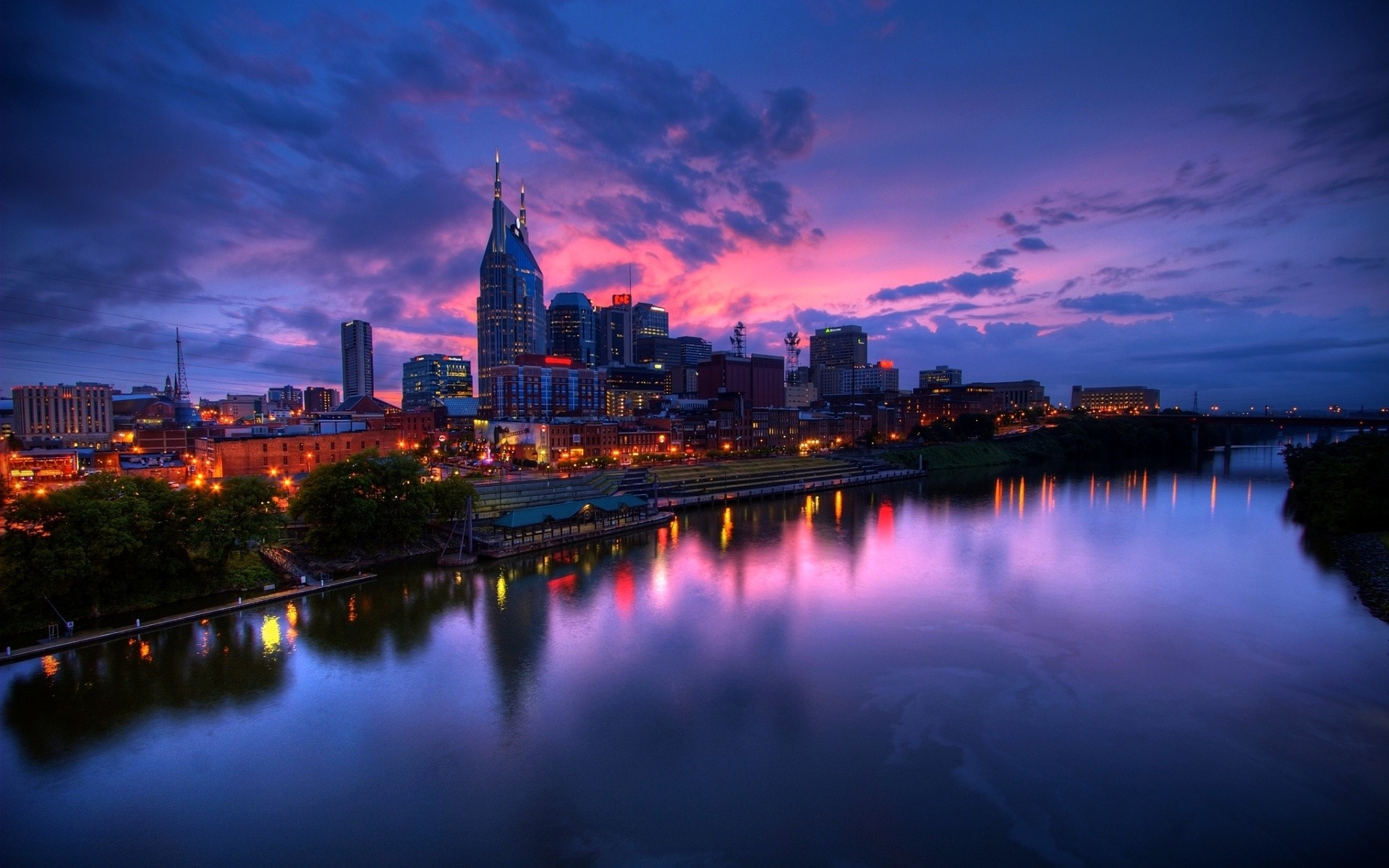 Nashville, Fiume Cumberland, Skyline, Crepuscolo, Full HD, sfondo Windows 11
