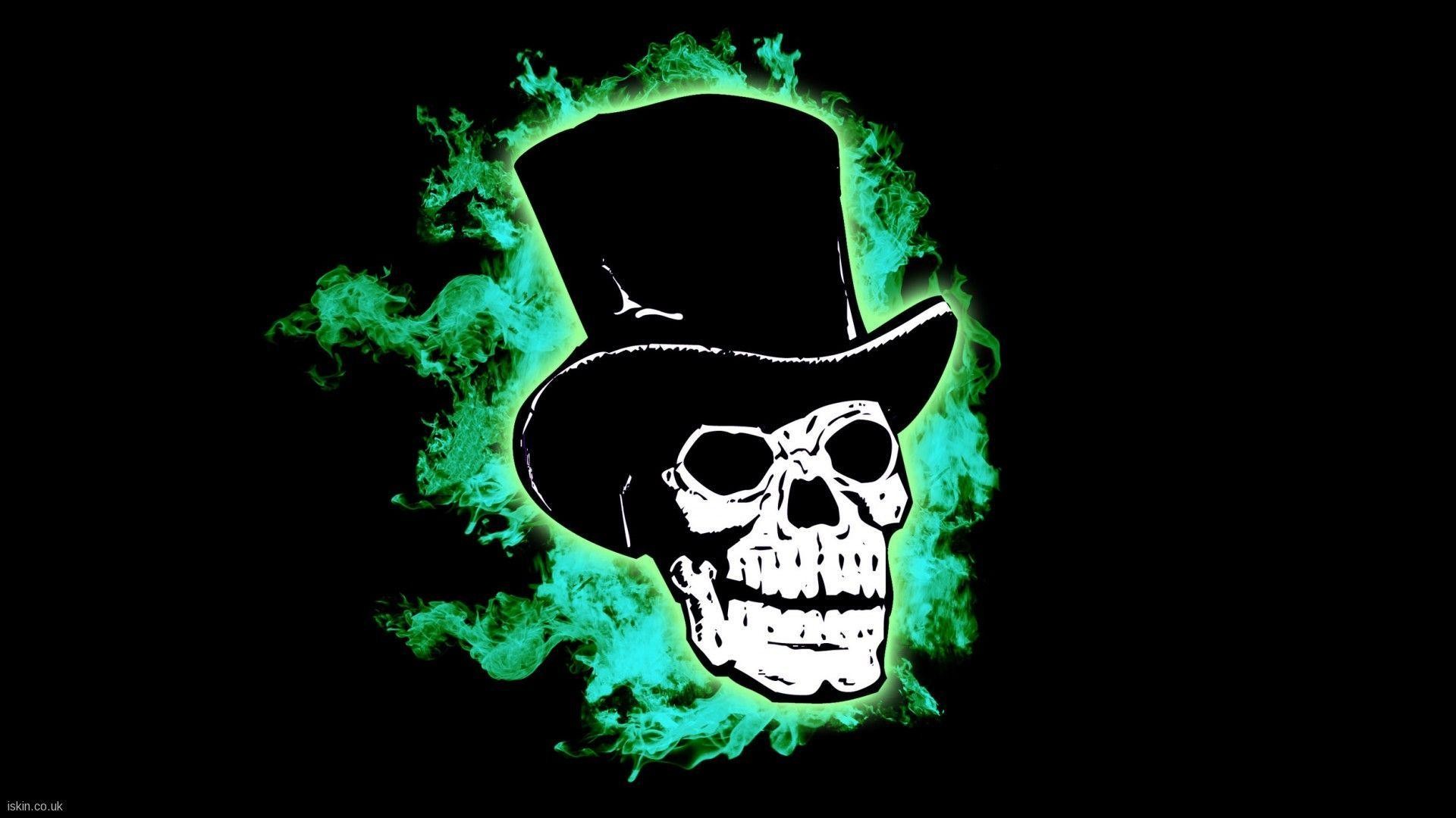 Teschio con cilindro, Fiamme verdi, Sfondo nero, Full HD, wallpaper per portatile