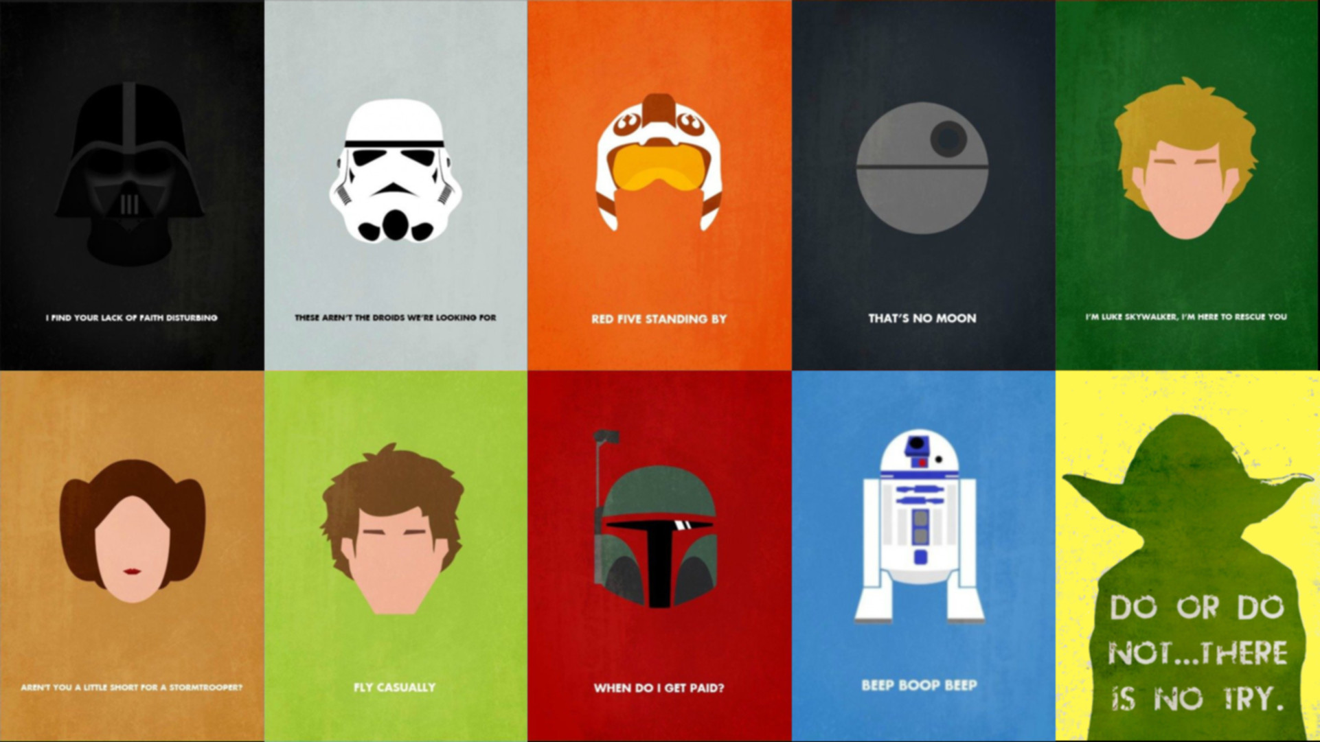 Yoda, Darth Vader, Stormtrooper, R2-D2, Boba Fett, Minimalismo, Full HD, sfondo per portatile