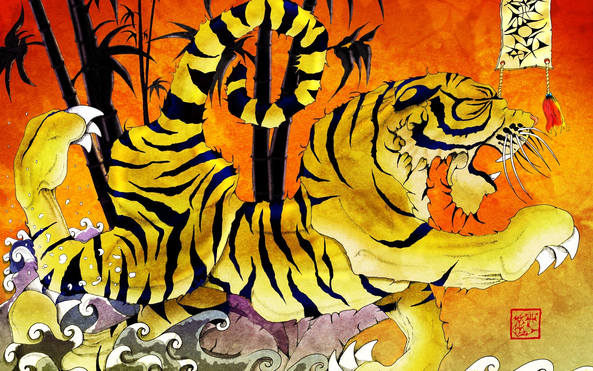 Tigre, Bambù, Stile giapponese, Flash tattoo, Onde, Full HD, sfondo per PC