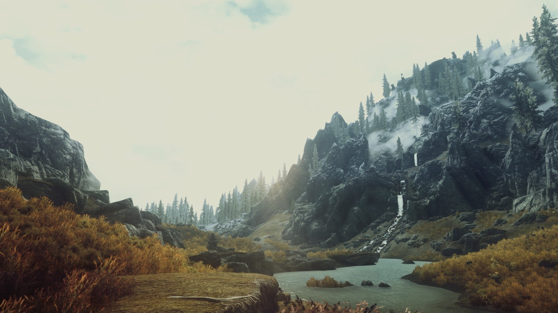 The Elder Scrolls V: Skyrim, Valle, Fiume, Montagne, Full HD, sfondo desktop