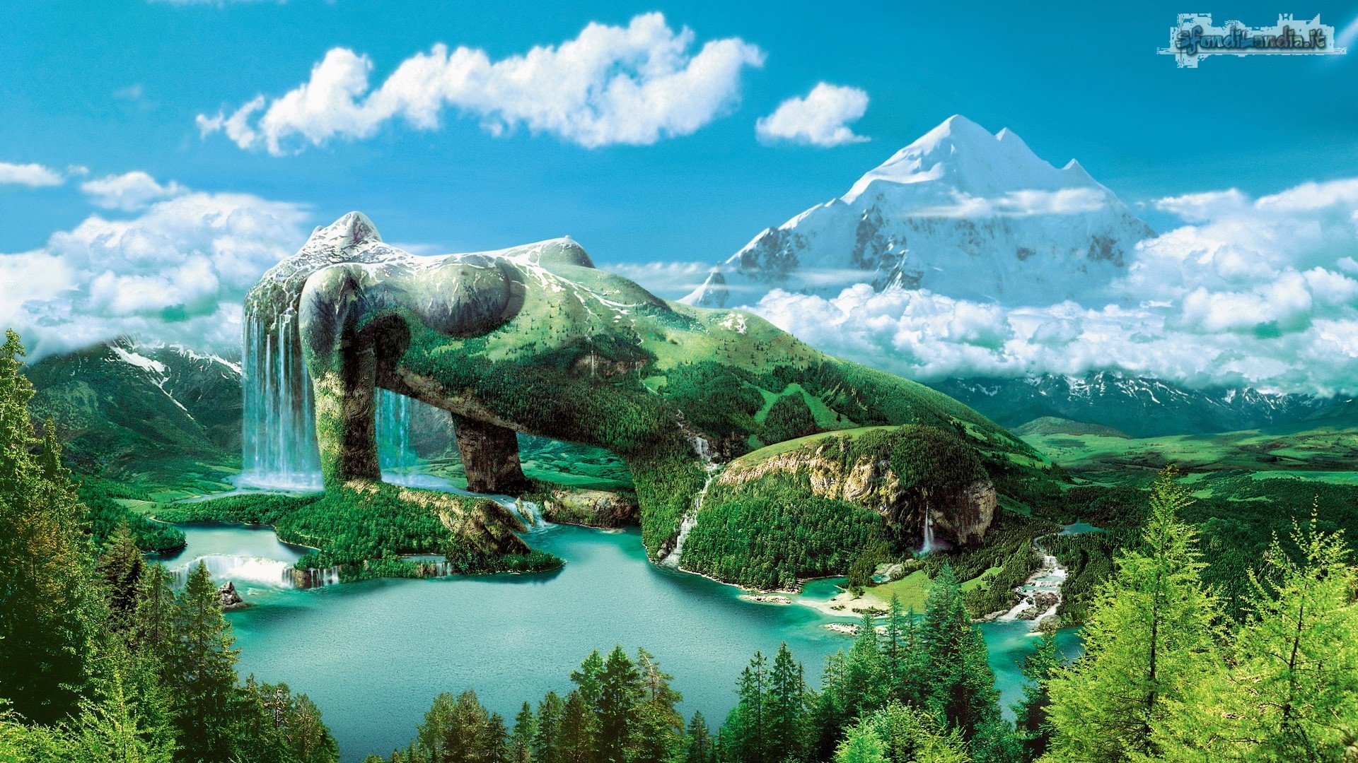 Paesaggio fantasy, Cascata, Lago, Montagne, Arte digitale, immagine di sfondo Android