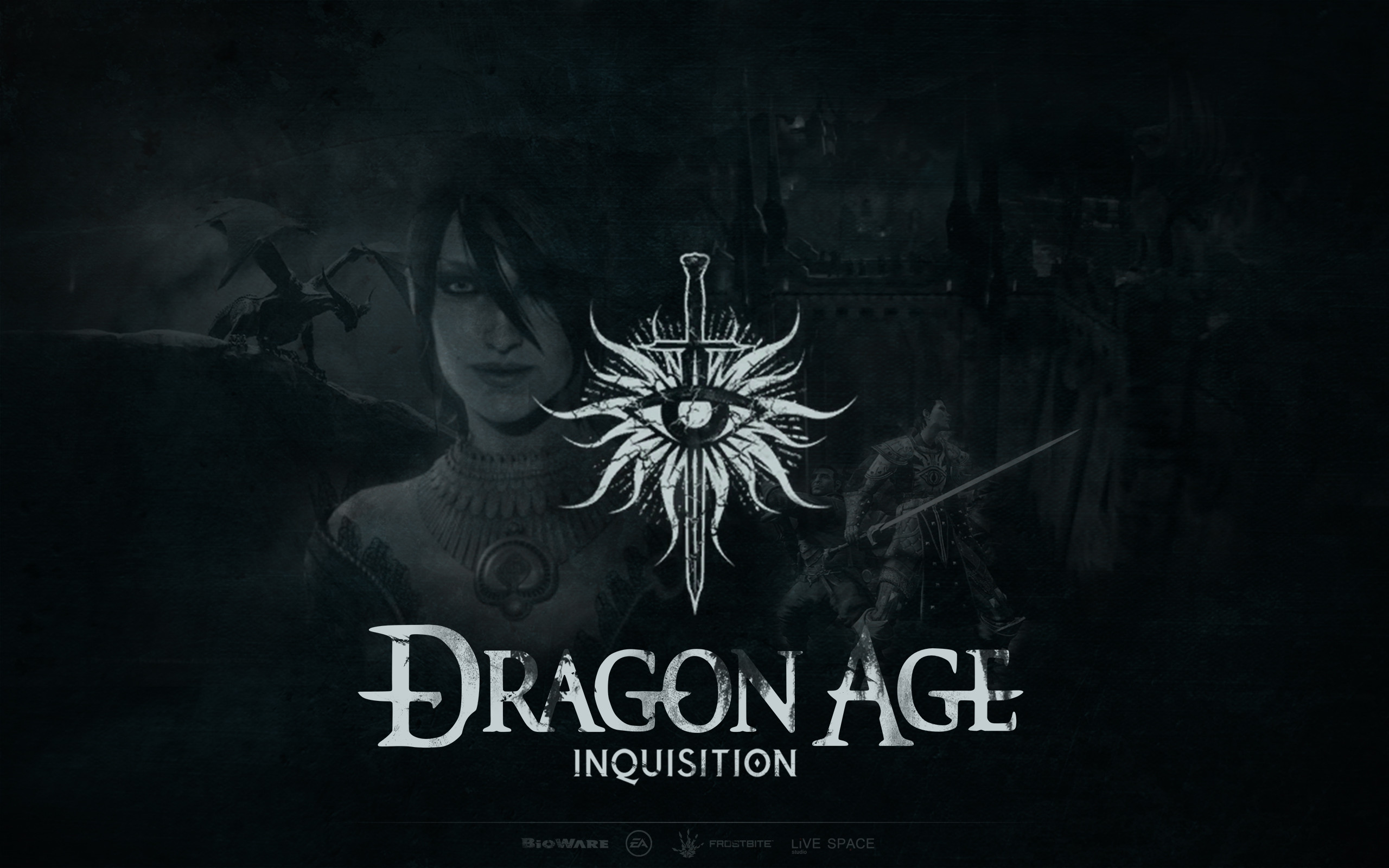 Dragon Age: Inquisition, Logo, Morrigan, Sfondo scuro, 2K, wallpaper per portatile