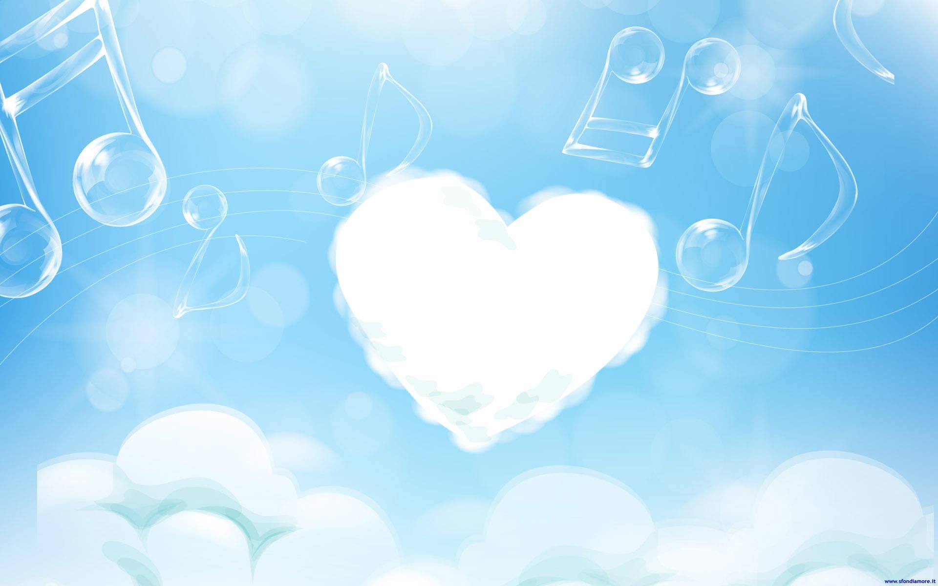 Nuvola a cuore, Note musicali, Cielo azzurro, Bolle, Full HD, sfondo desktop