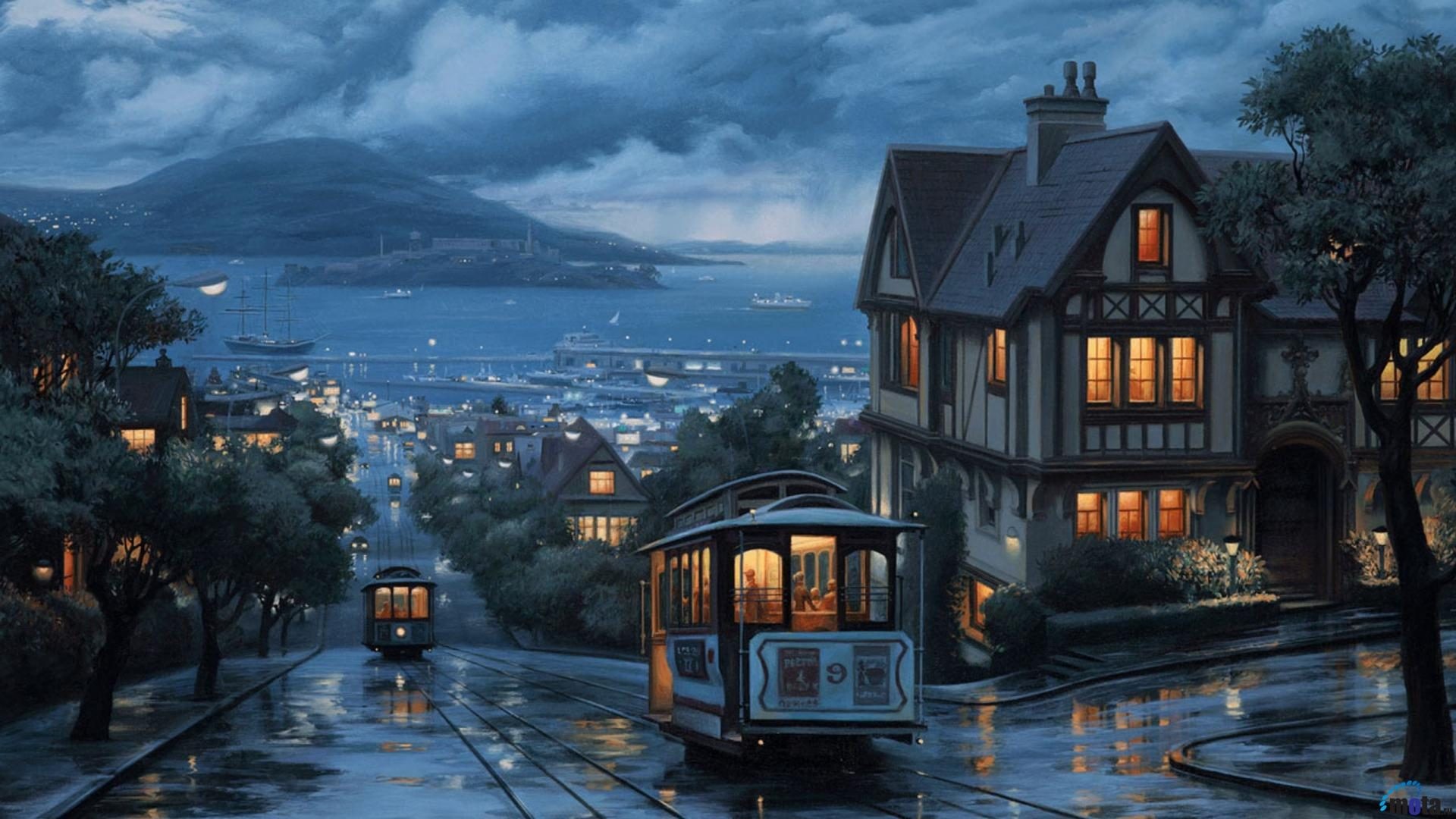 Cable car, San Francisco, Case vittoriane, Pittura digitale, 16:9 Full HD, wallpaper widescreen