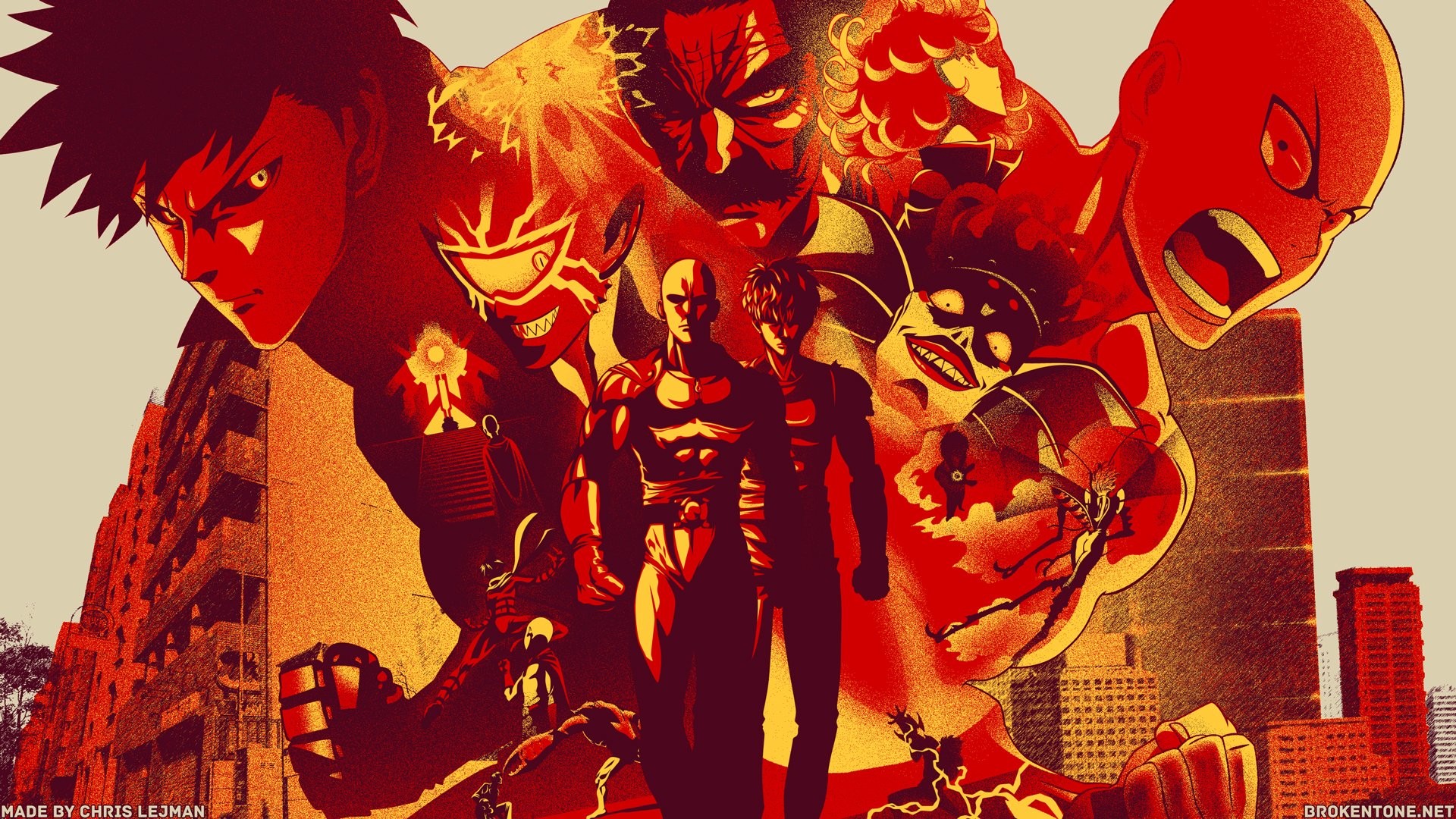 Saitama, One Punch Man, Città, Rosso e arancione, Full HD, sfondo per PC