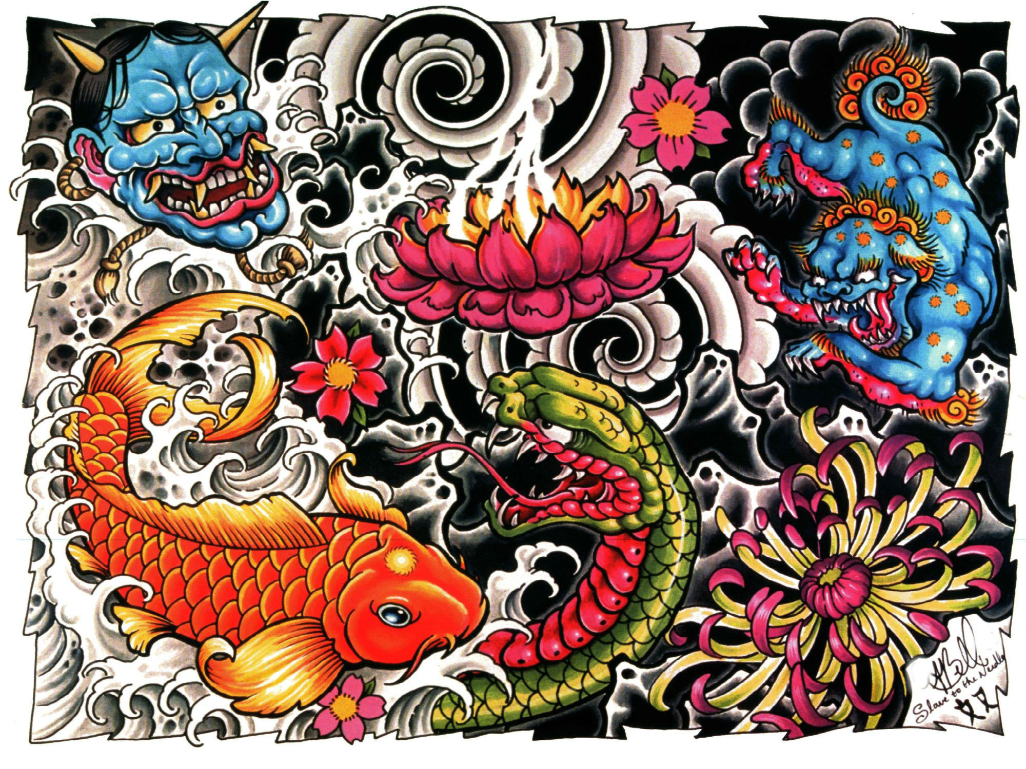 Tatuaggio giapponese, Irezumi, Pesce koi, Hannya, Fiori di loto, sfondo per iPad