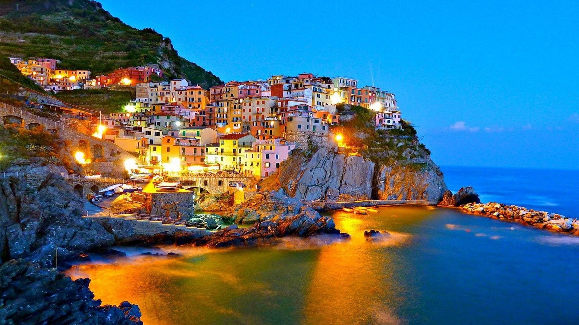 Manarola, Cinque Terre, Liguria, Italia, Notte, Full HD, sfondo per PC e portatile