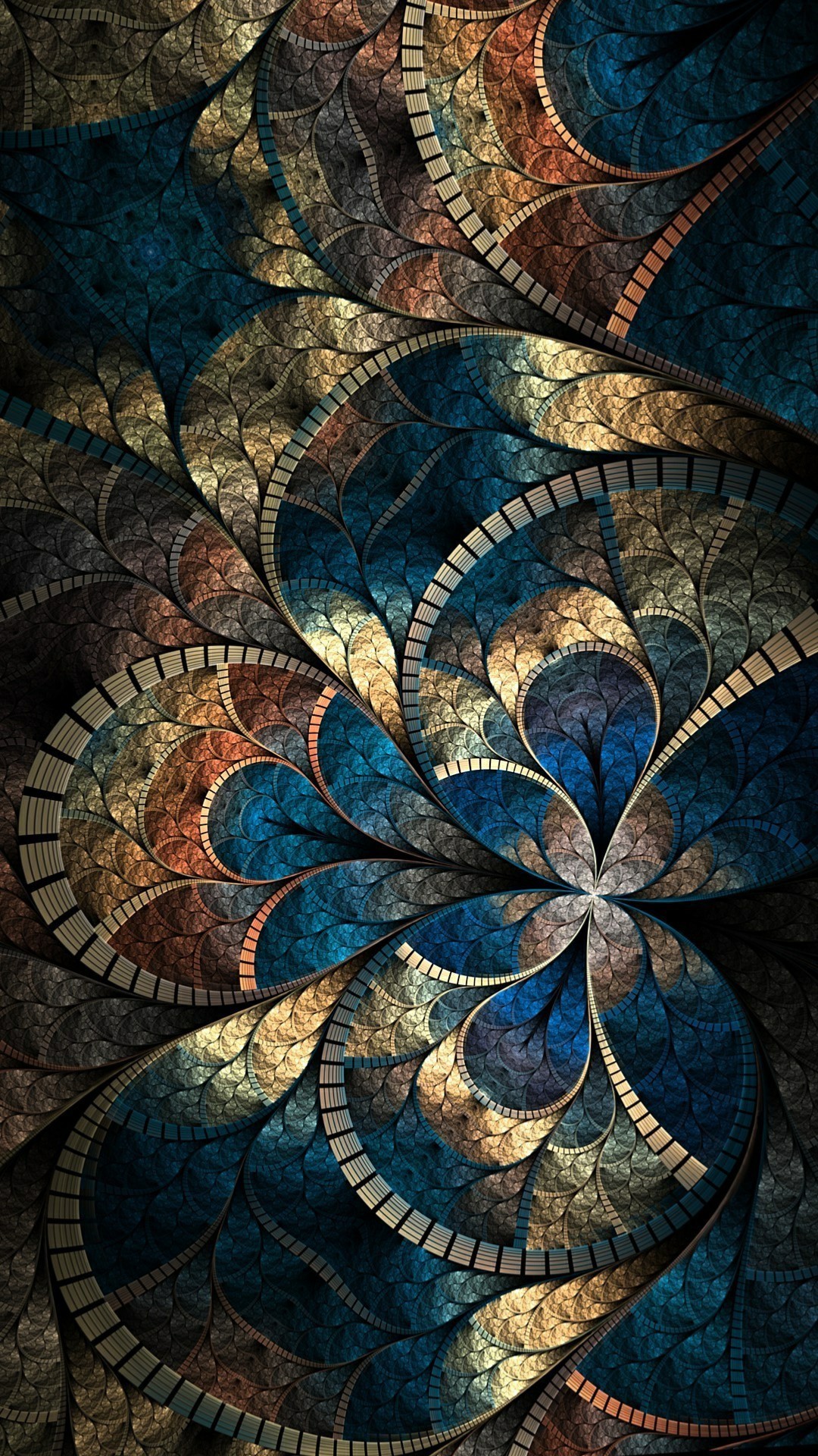 Arte frattale, Vetrata, Blu, Oro, Full HD, sfondo verticale per cellulare