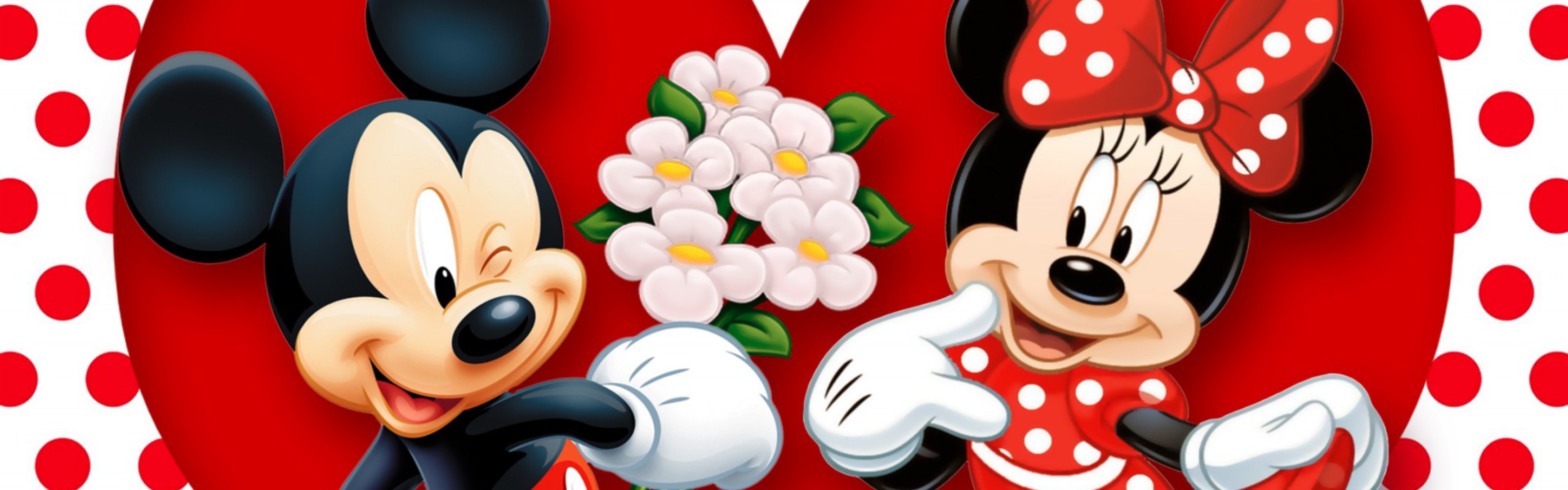 Topolino, Minnie, Fiori, Pois, Cuore, doppio schermo, sfondo Full HD