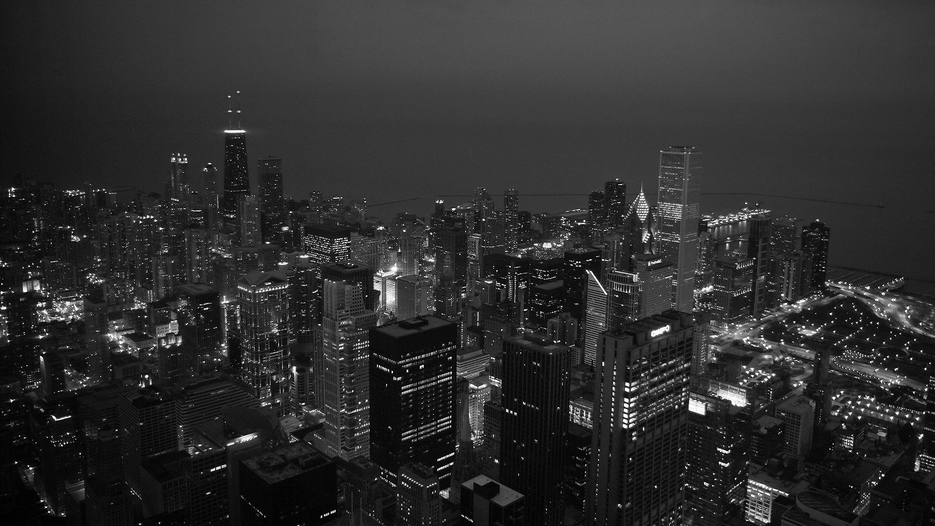 Chicago, Skyline, Notte, Bianco e nero, Vista aerea, Full HD 1080p, sfondo desktop