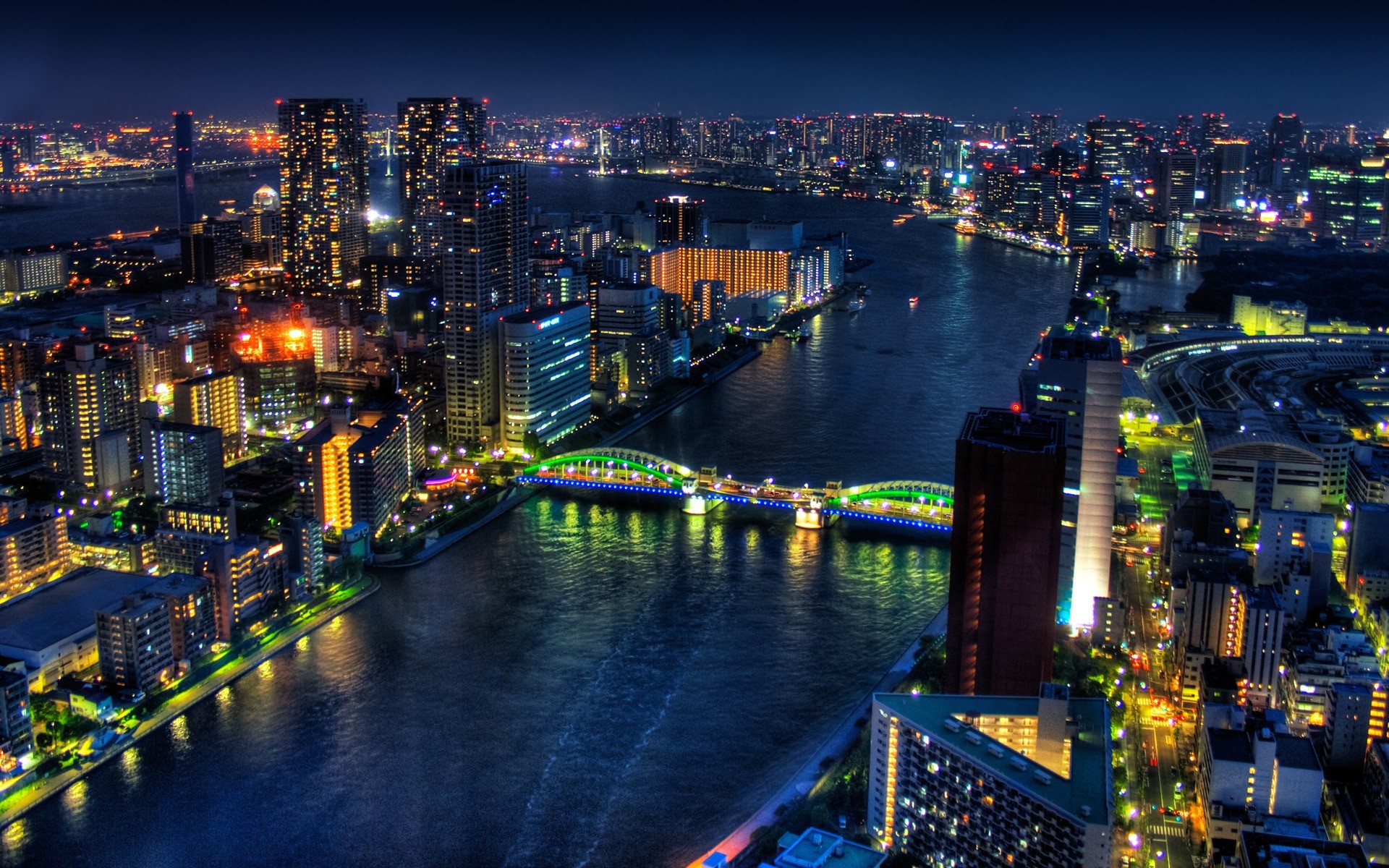Tokyo, Fiume Sumida, Grattacieli, Notte, Vista aerea, Full HD, sfondo per PC