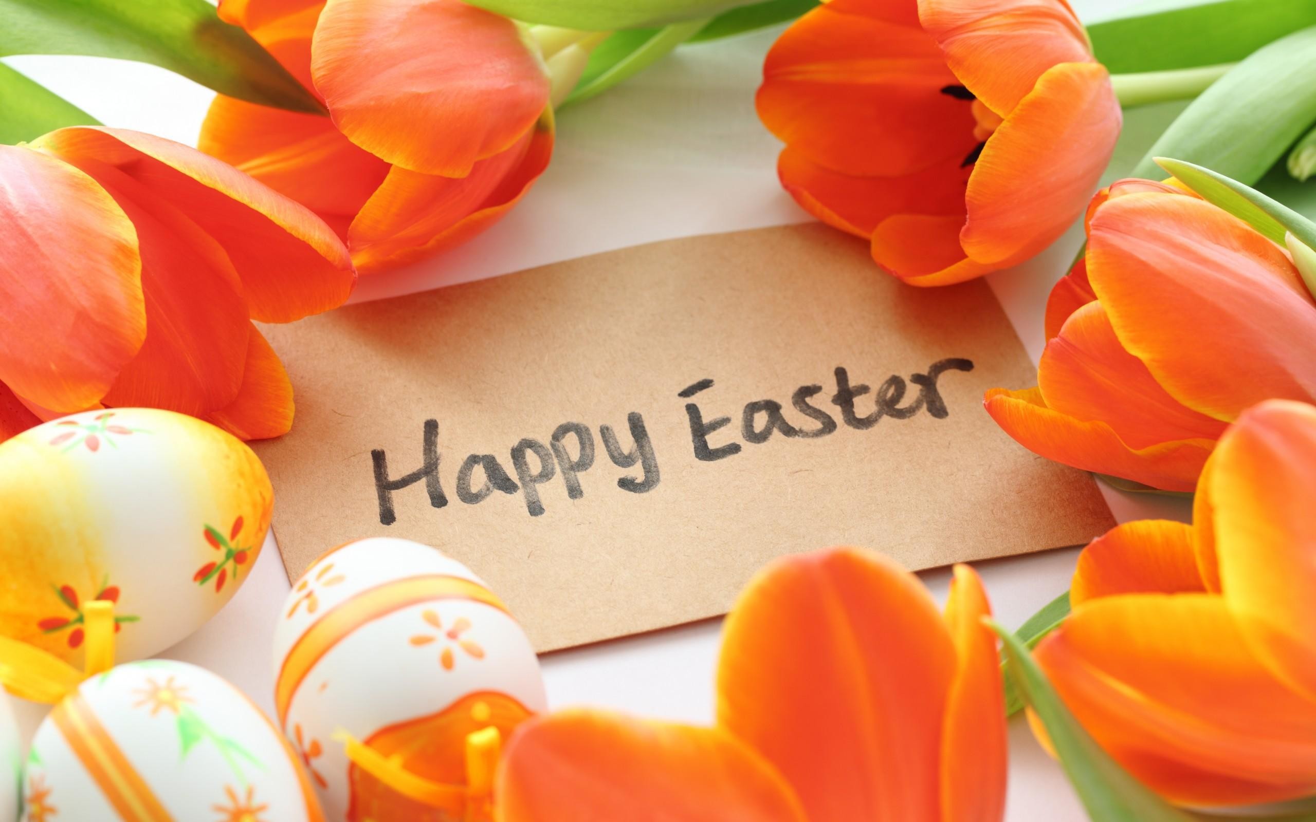 Buona Pasqua, Tulipani arancioni, Uova di Pasqua, Biglietto, 2K, sfondo per PC e portatile
